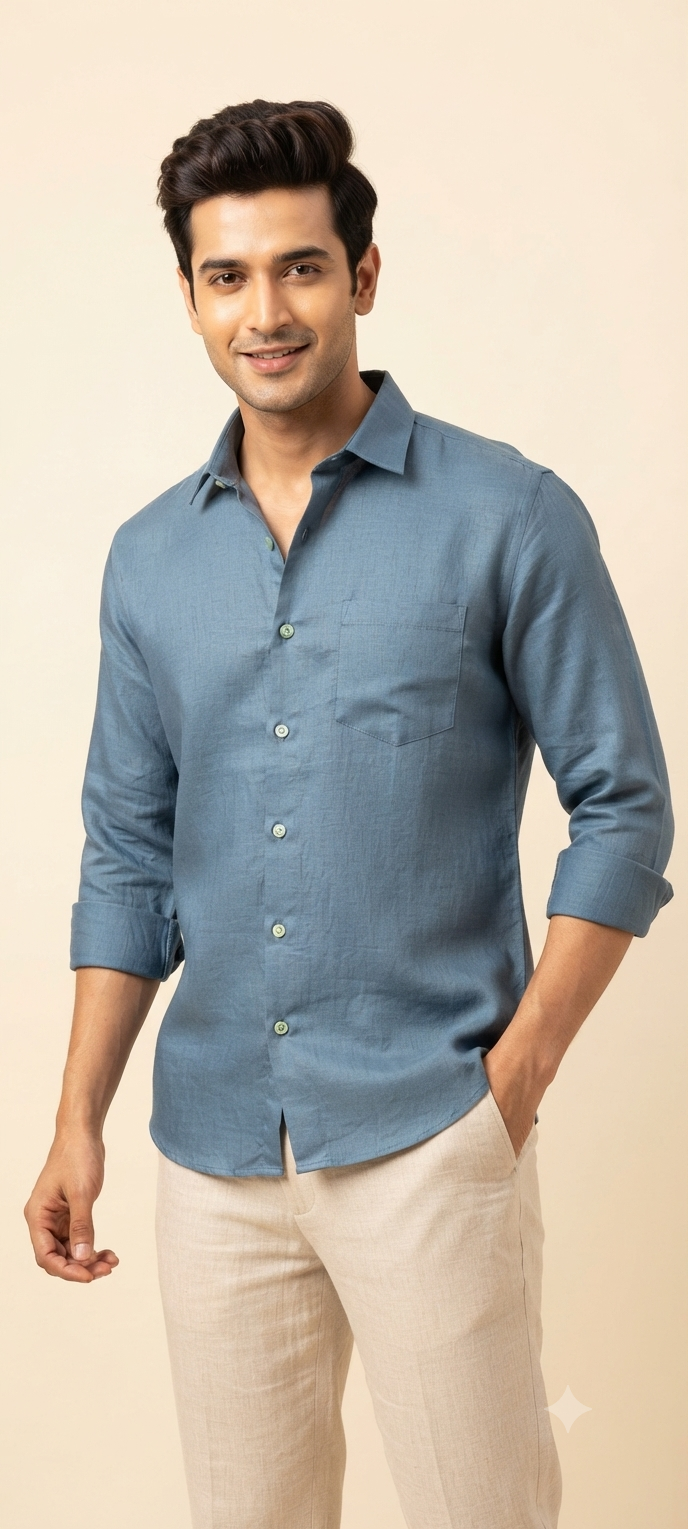 Teen Colours Mens Blue Plain Gija Cotton Casual Shirt Full Sleeve Regular Fit
