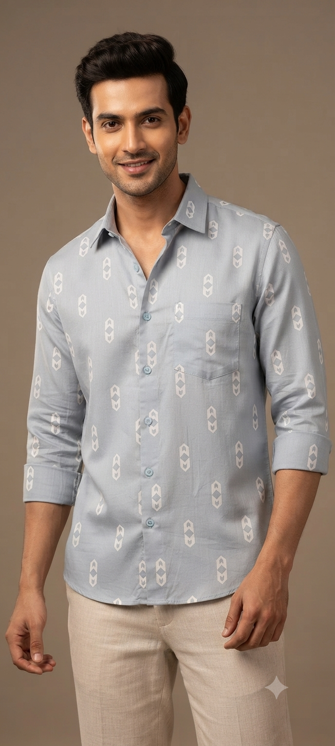 Teen Colours Men's Blue and White Printed Cotton Casual Shirt Full Sleeve Regular Fit