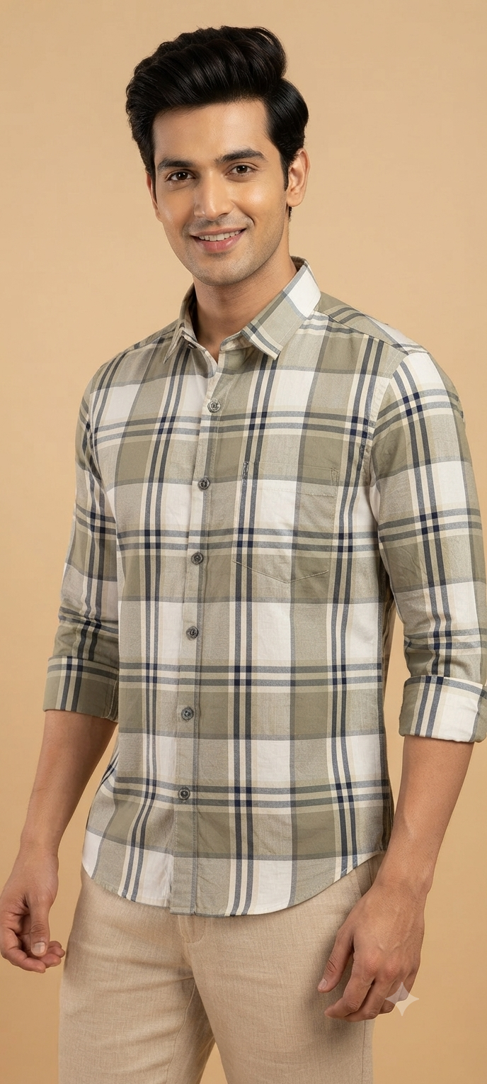 Teen Colours Men's Grey and Brown Checked Gija Cotton Casual Shirt Full Sleeve Regular Fit