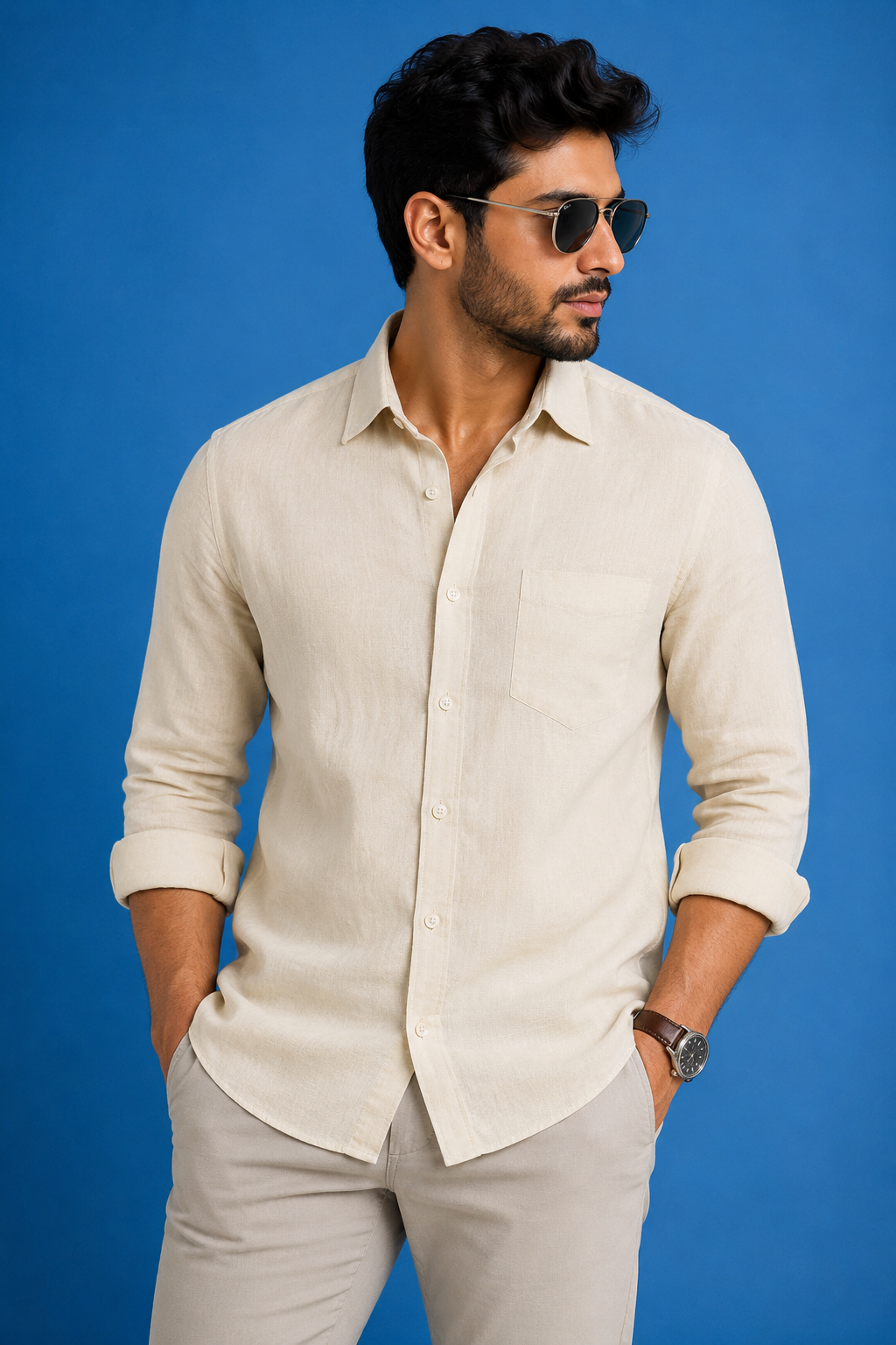 Teen Colours Men's Gold Plain Linen Casual Shirt Full Sleeve Regular Fit