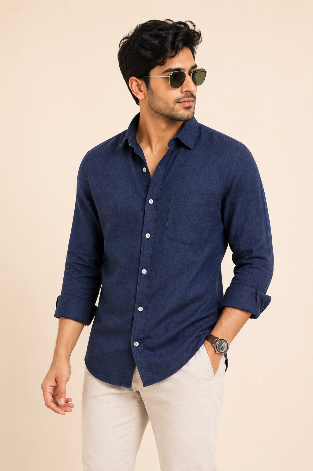 Teen Colours Men's Navy Blue Plain Linen Casual Shirt Full Sleeve Regular Fit