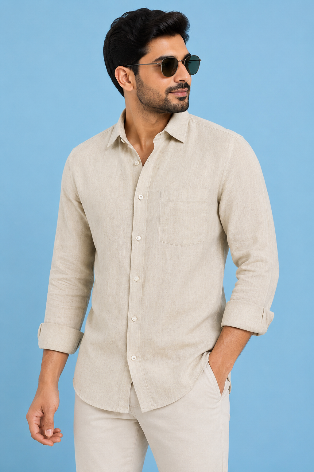 Teen Colours Men's Beige Plain Linen Casual Shirt Full Sleeve Regular Fit