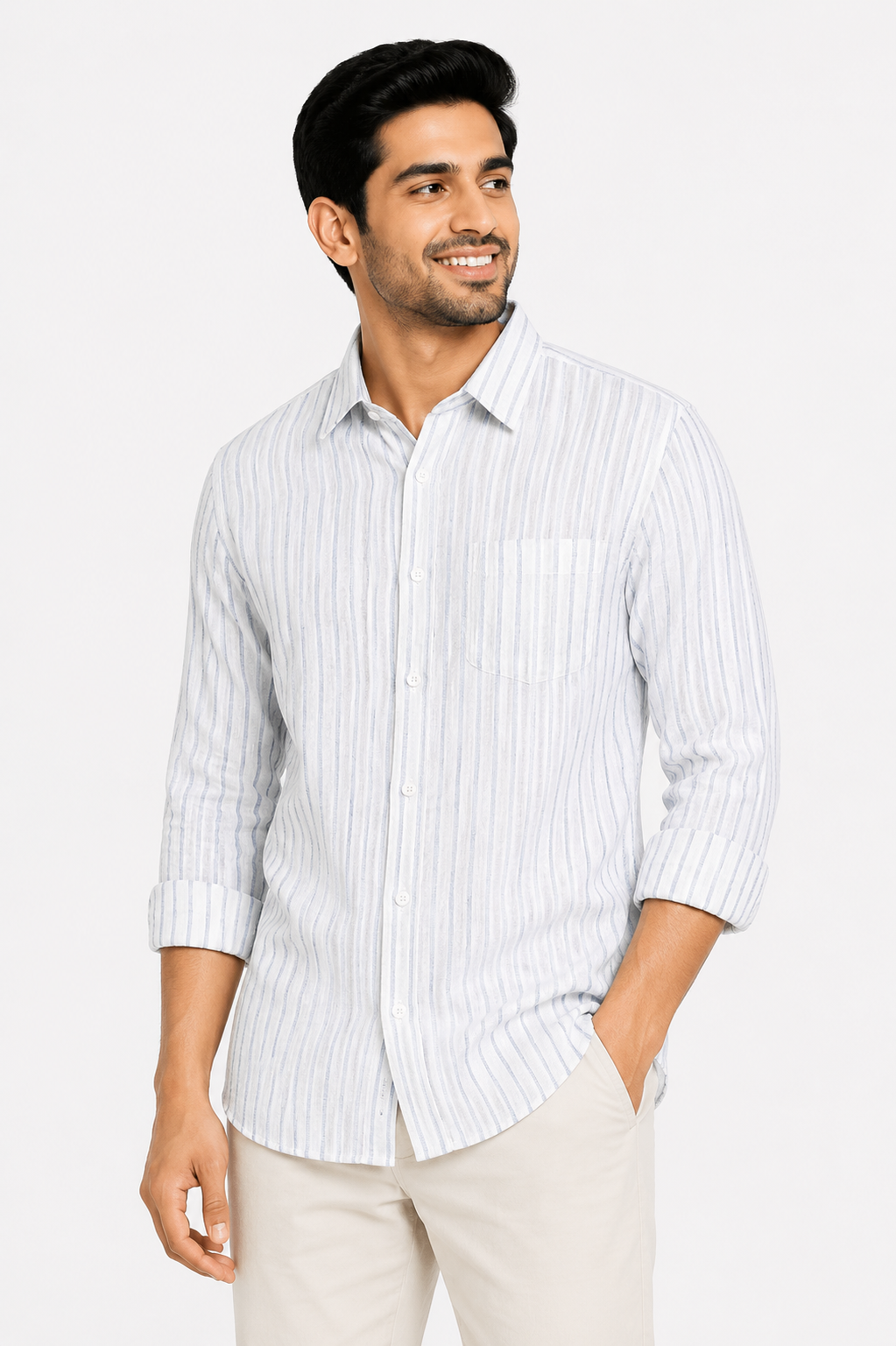 Teen Colours Men's White and Blue Striped Linen Casual Shirt Full Sleeve Regular Fit