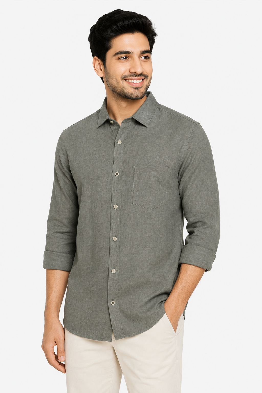 Teen Colours Men's Beige Vertical Striped Linen Casual Shirt Full Sleeve Regular Fit