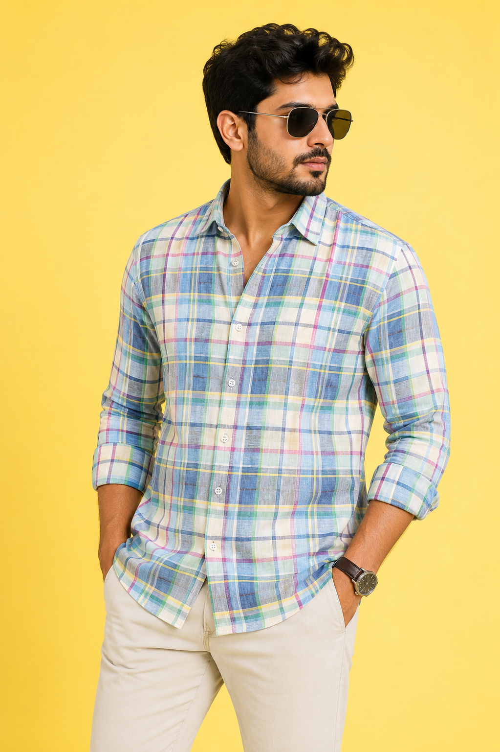 Teen Colours Men's Multicolor Checked Linen Casual Shirt Full Sleeve Regular Fit