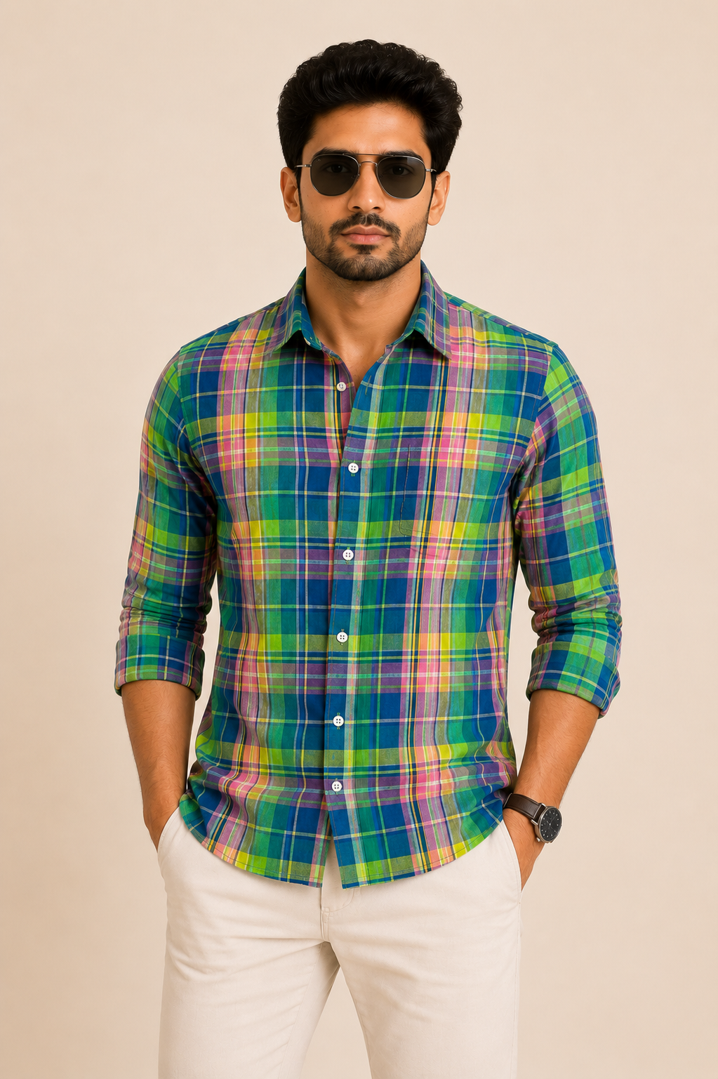Teen Colours Men's Multicolor Checked Linen Casual Shirt Full Sleeve Regular Fit