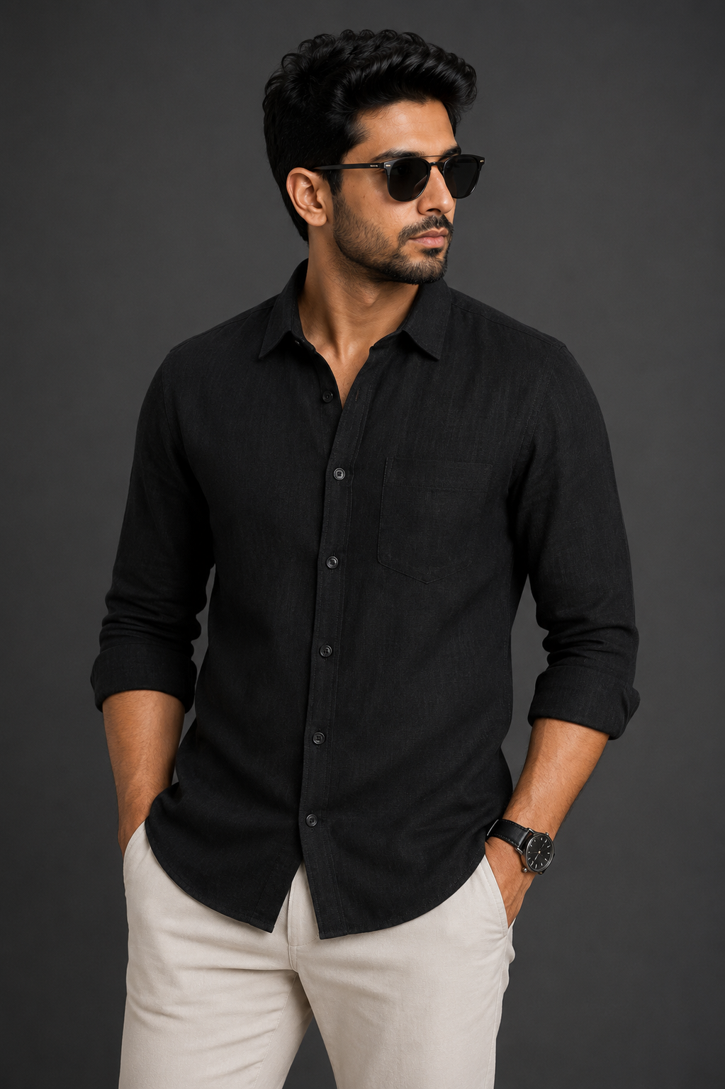 Teen Colours Men's Black Plain Linen Casual Shirt Full Sleeve Regular Fit