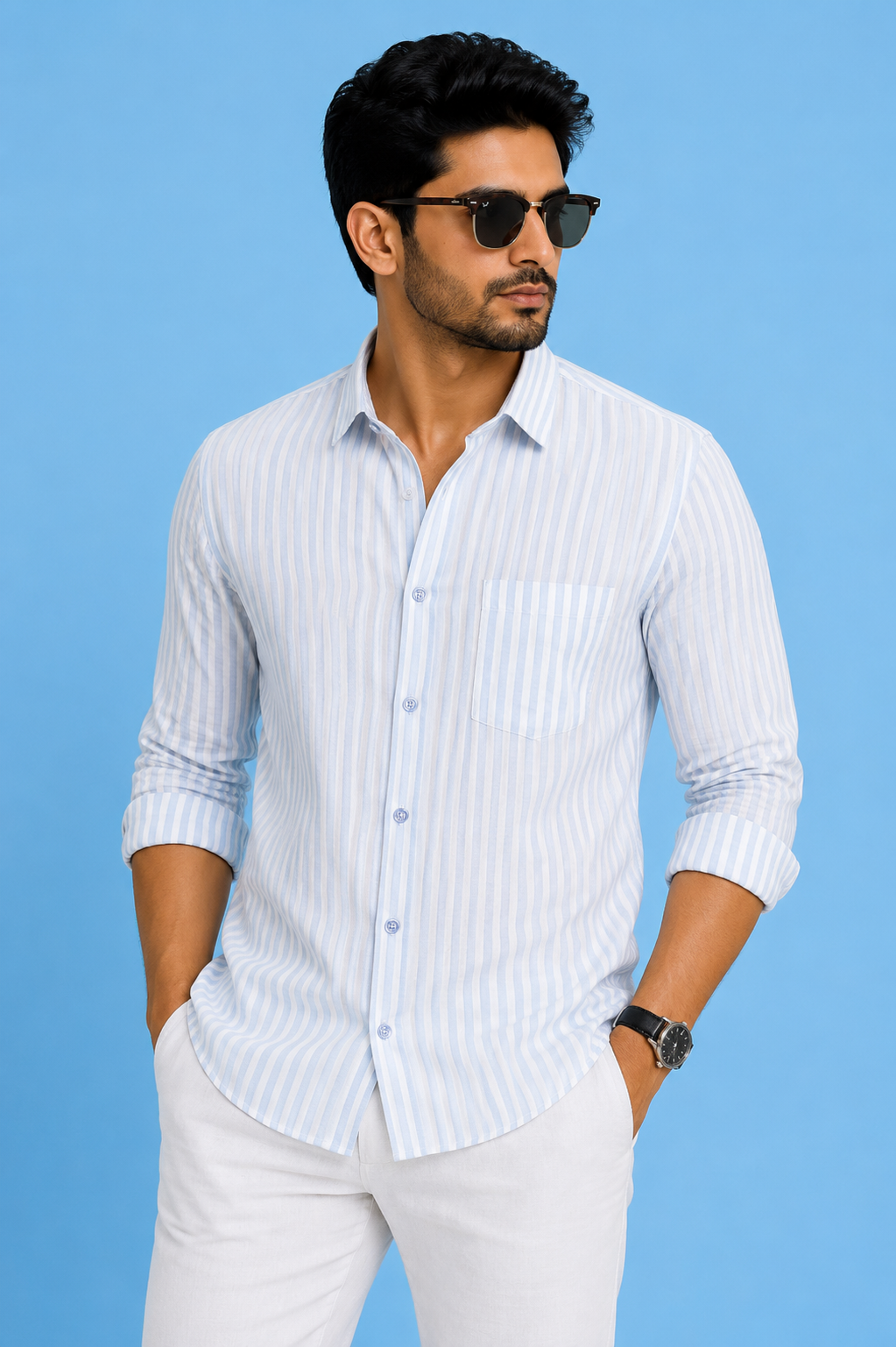 Teen Colours Men's Classic Blue Striped Linen Casual Shirt Full Sleeve Regular Fit