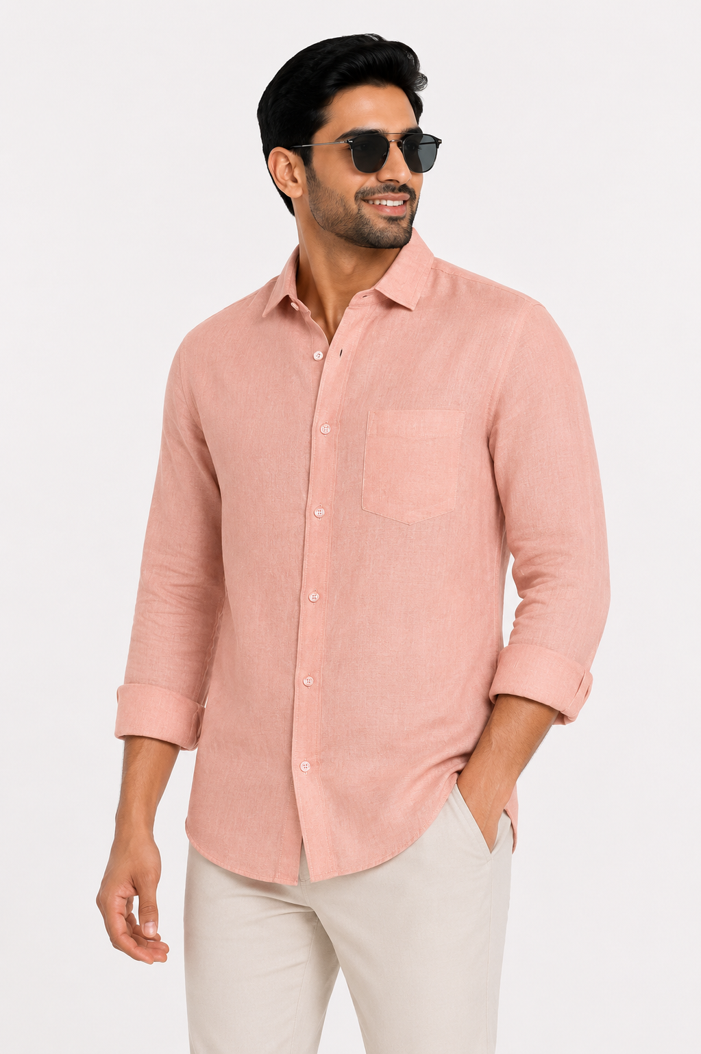 Teen Colours Men's Peach Plain Linen Casual Shirt Full Sleeve Regular Fit