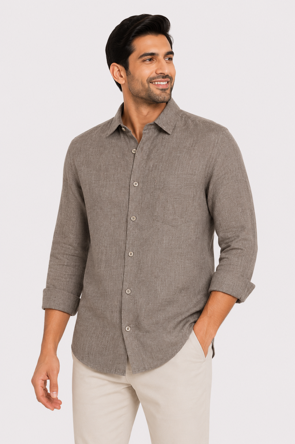 Teen Colours Mens Brown Plain Linen Casual Shirt Full Sleeve Regular Fit