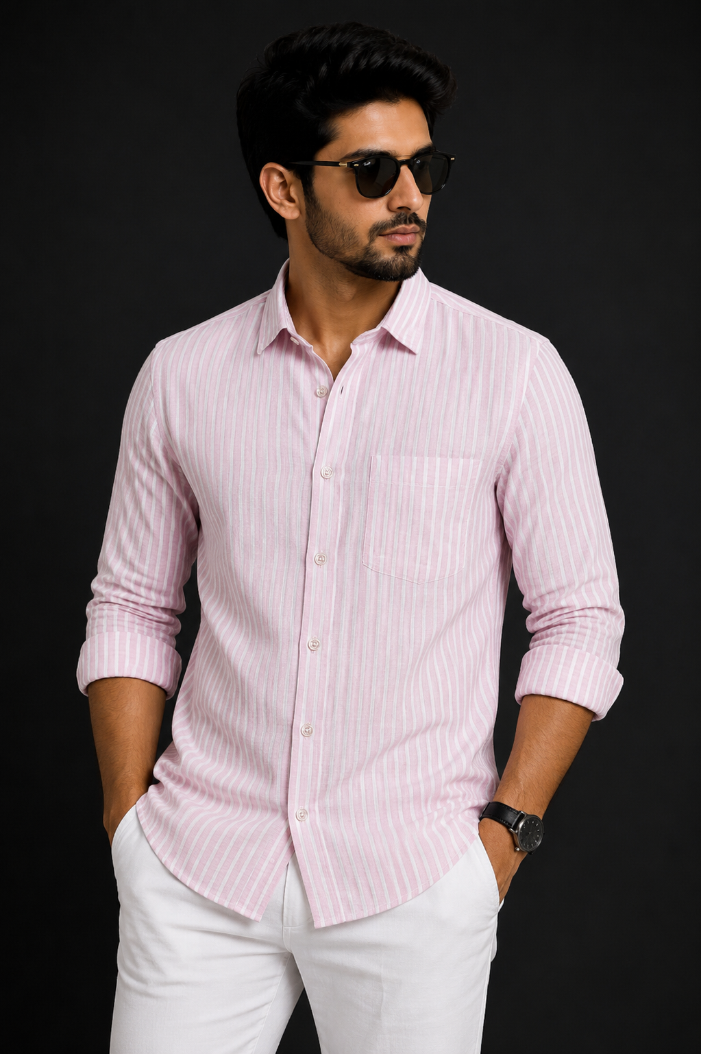 Teen Colours Men's Pink Vertical Striped Linen Casual Shirt Full Sleeve Regular Fit