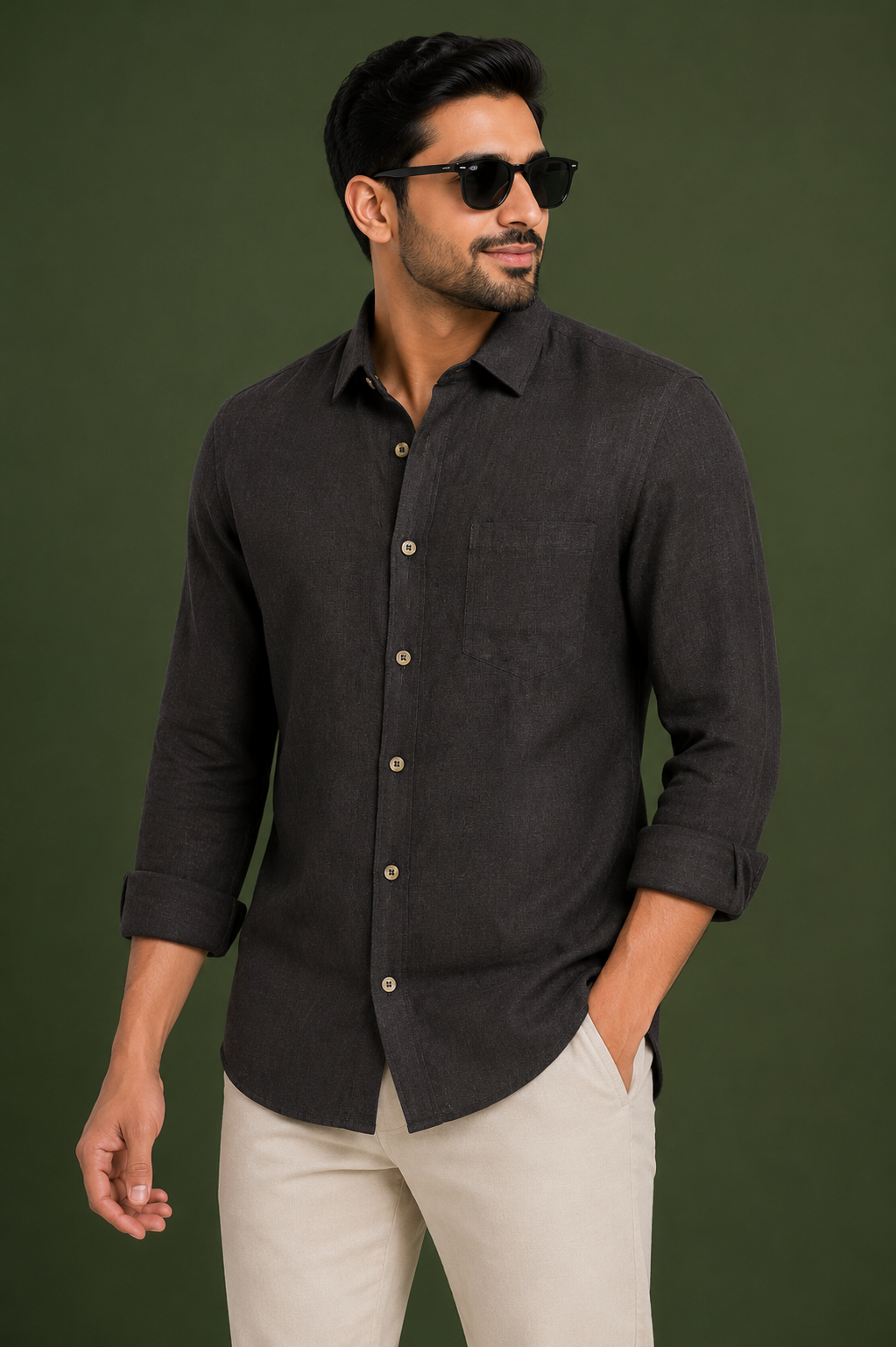 Teen Colours Men's Dark Brown Plain Linen Casual Shirt Full Sleeve Regular Fit