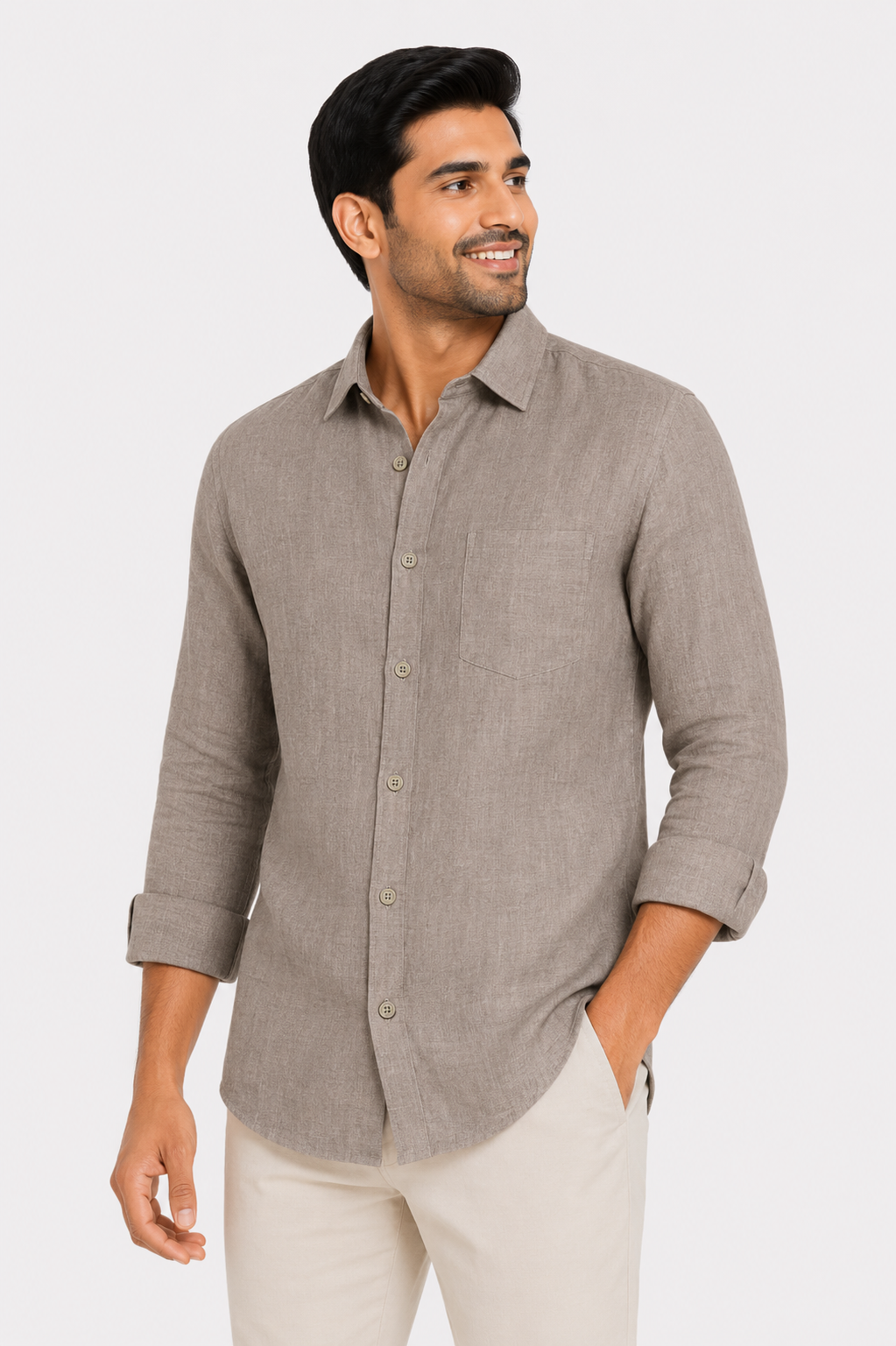 Teen Colours Mens Brown Plain Linen Casual Shirt Full Sleeve Regular Fit