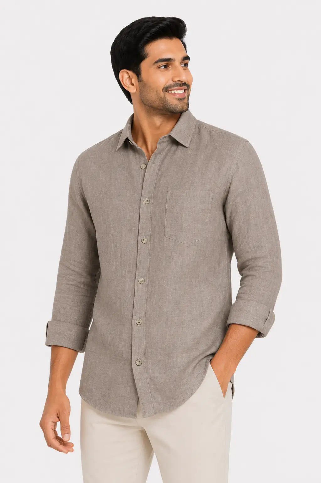 Teen Colours Mens Brown Plain Linen Casual Shirt Full Sleeve Regular Fit