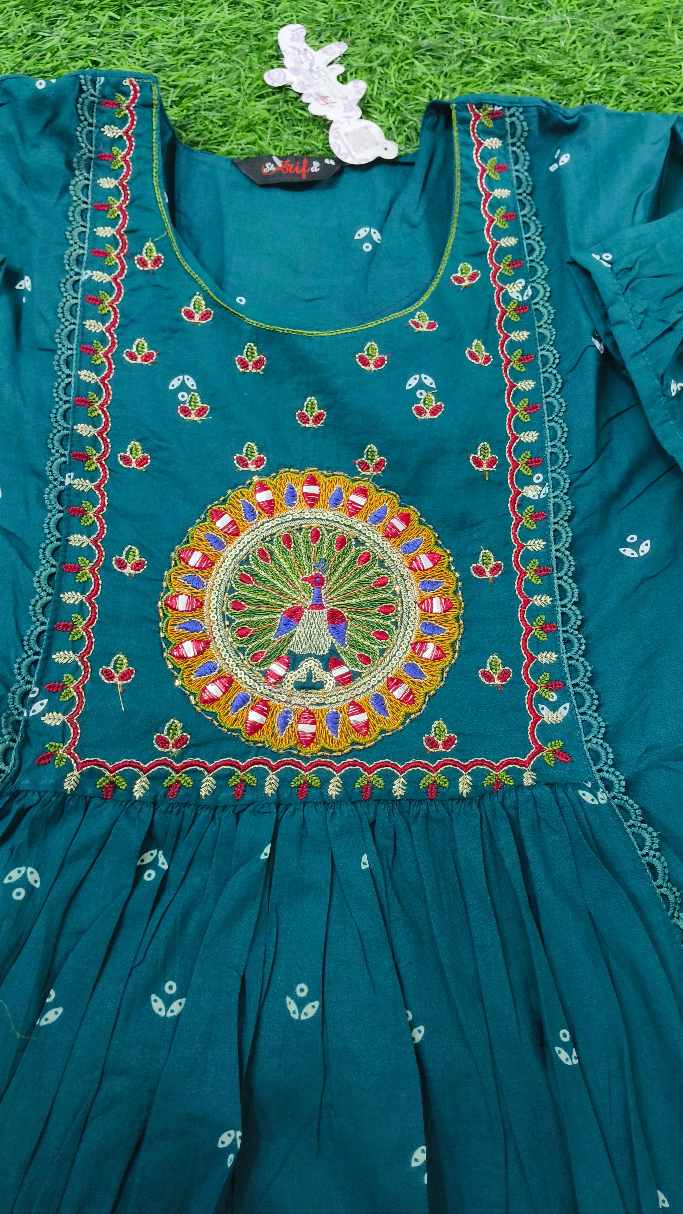 Elegant Dark Teal Green Embroidered Cotton Top with Circular Yoke Motif