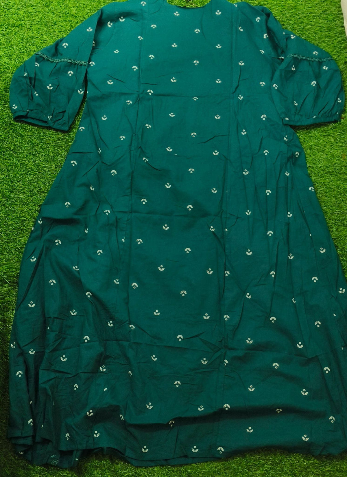 Elegant Dark Teal Green Embroidered Cotton Top with Circular Yoke Motif