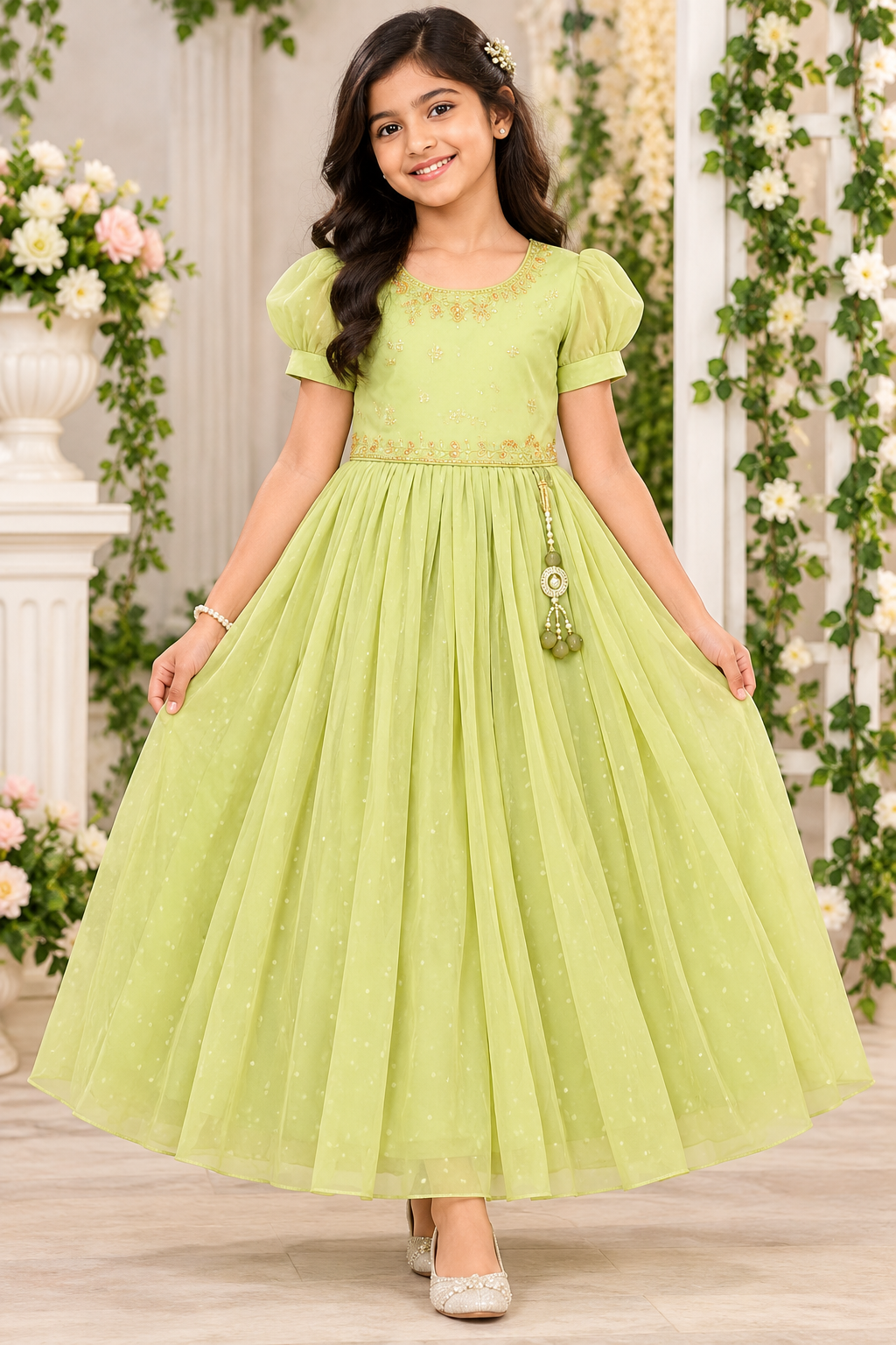 Girls Short Puff Sleeve Pista Green Embellished Party Wear Frock