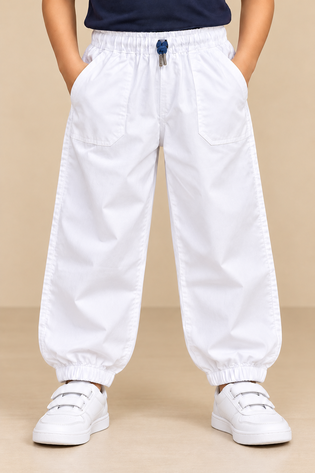 Boys White Baggy Fit Elastic Waist Jogger Pant