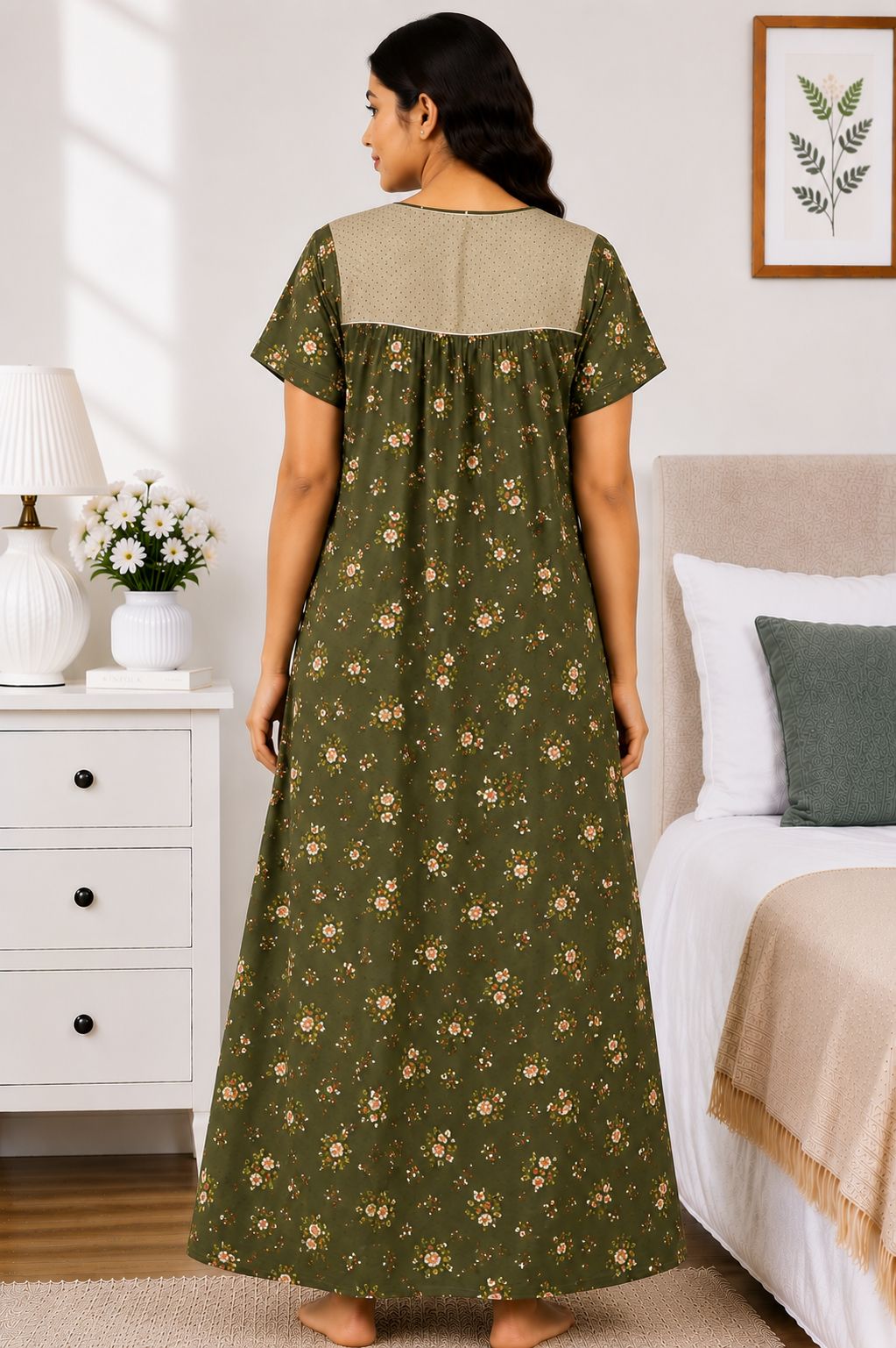 Women's Olive Green Floral Print Maxi Nighty Soft Cotton