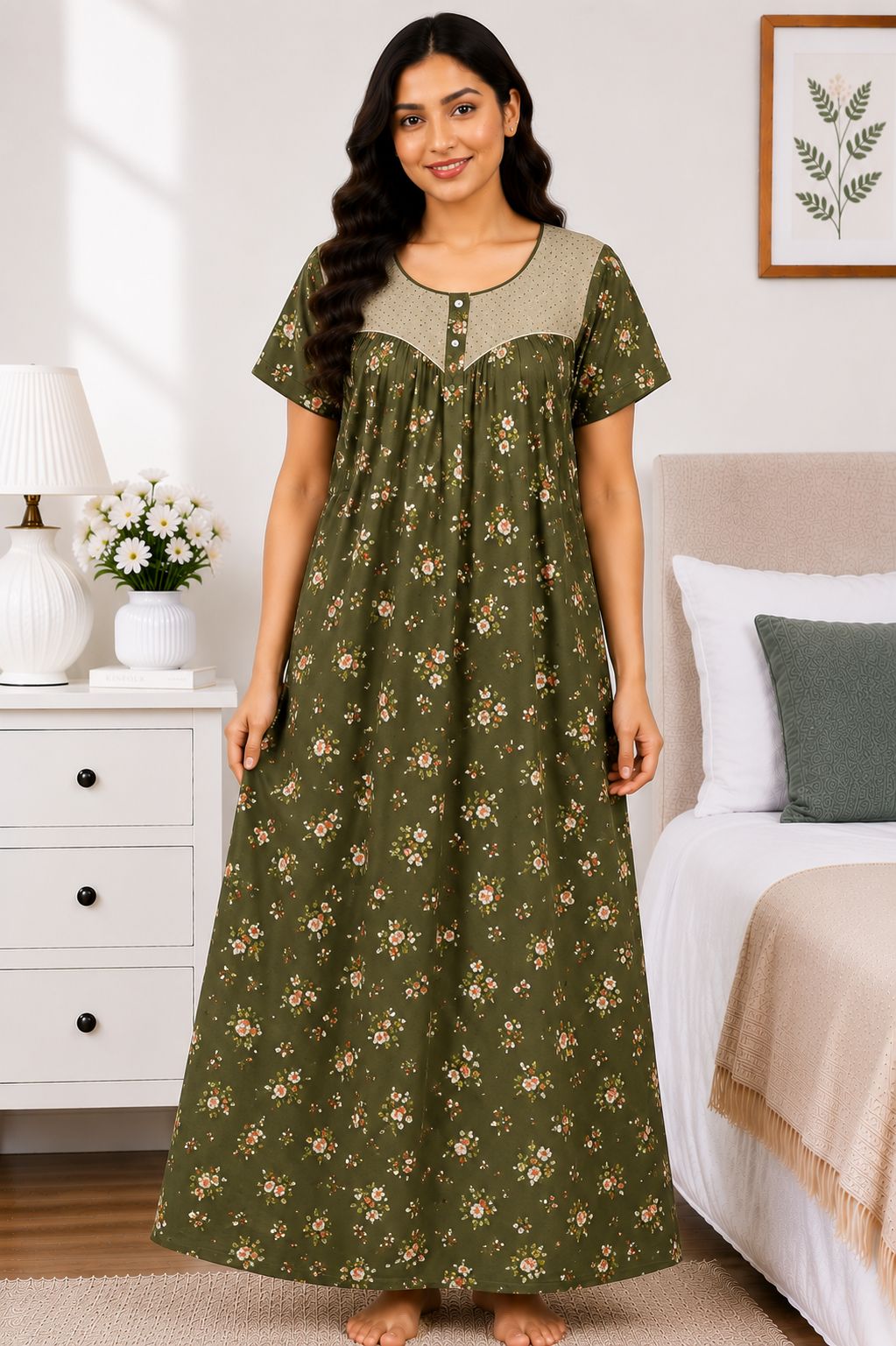 Women's Olive Green Floral Print Maxi Nighty Soft Cotton