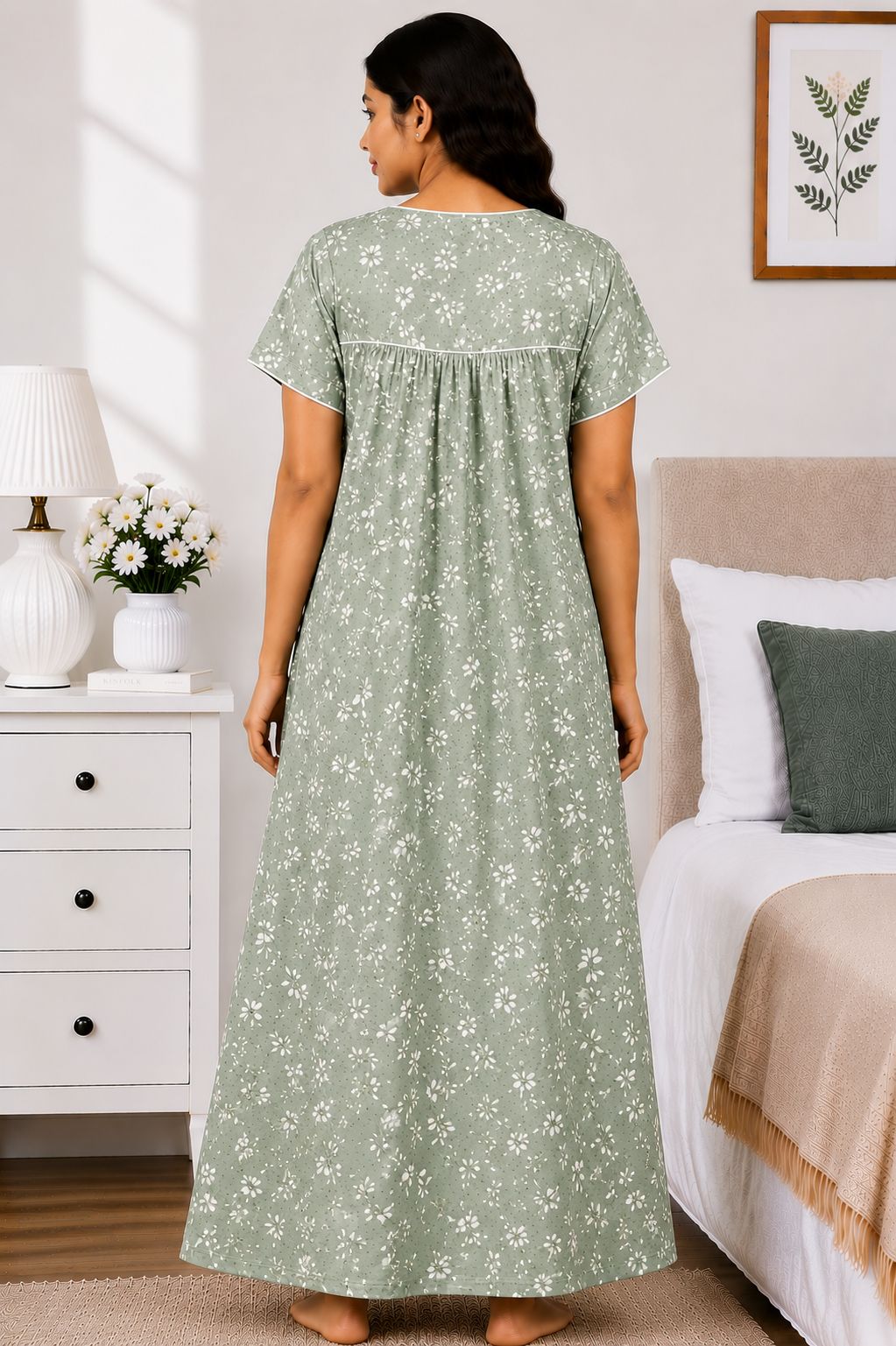 Women's sage Green Floral Leaf Print Maxi Nighty Soft rayon Front Open