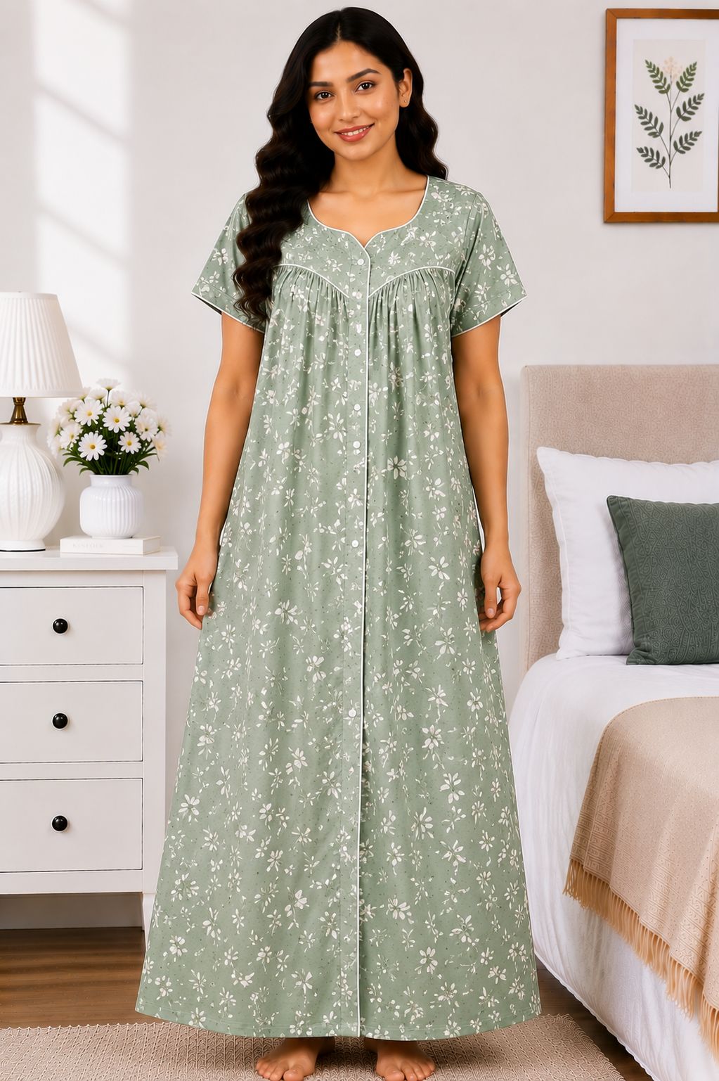 Women's sage Green Floral Leaf Print Maxi Nighty Soft rayon Front Open