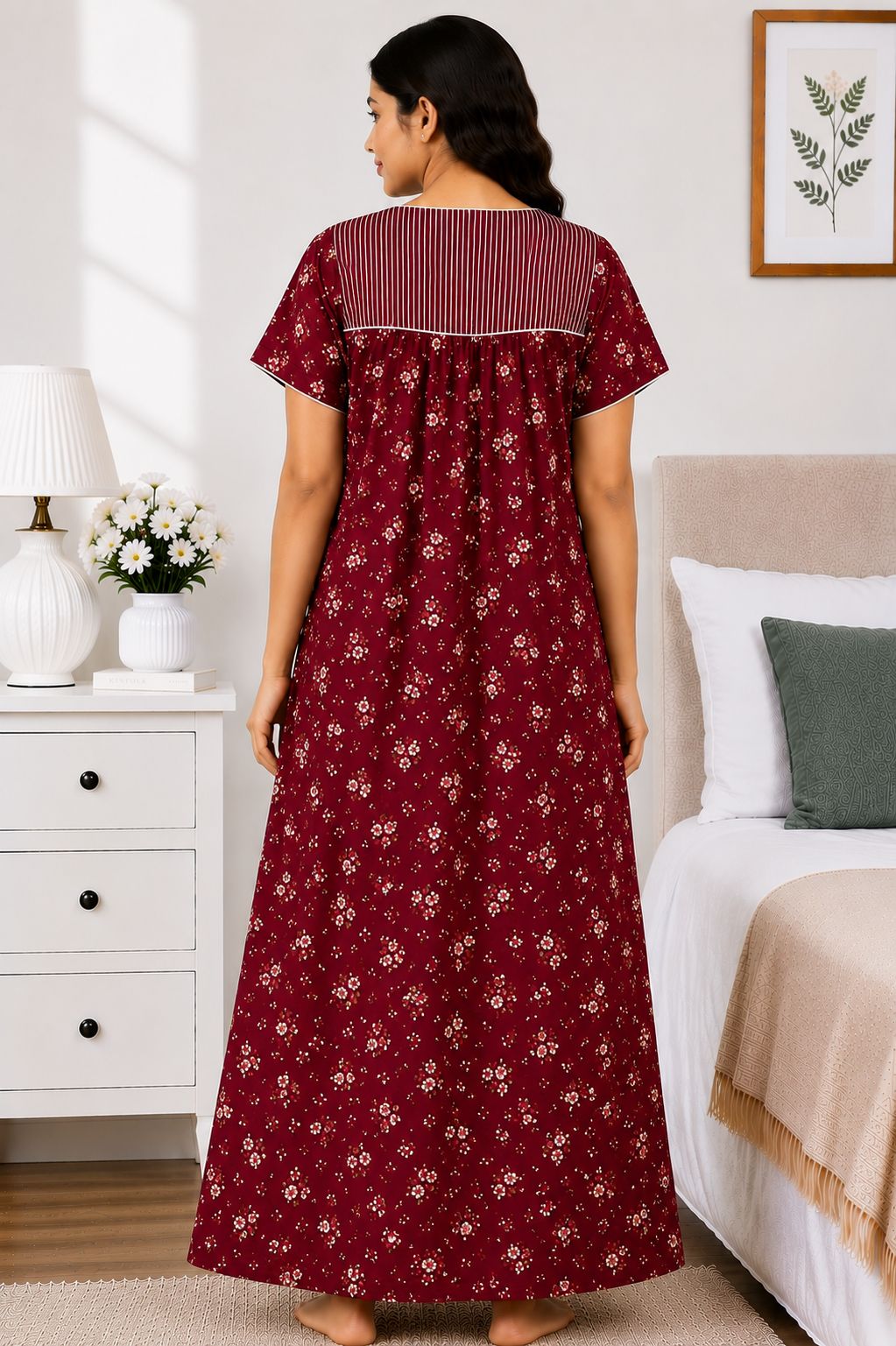 Women's Maroon Floral Print Yoke Maxi Nighty Soft Cotton