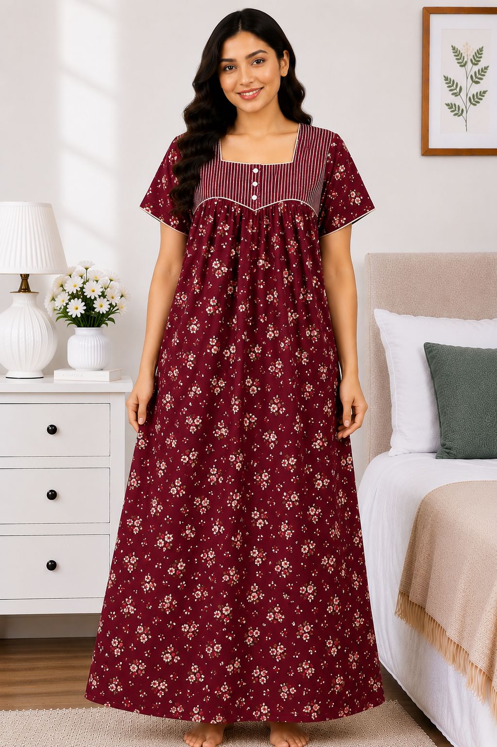Women's Maroon Floral Print Yoke Maxi Nighty Soft Cotton