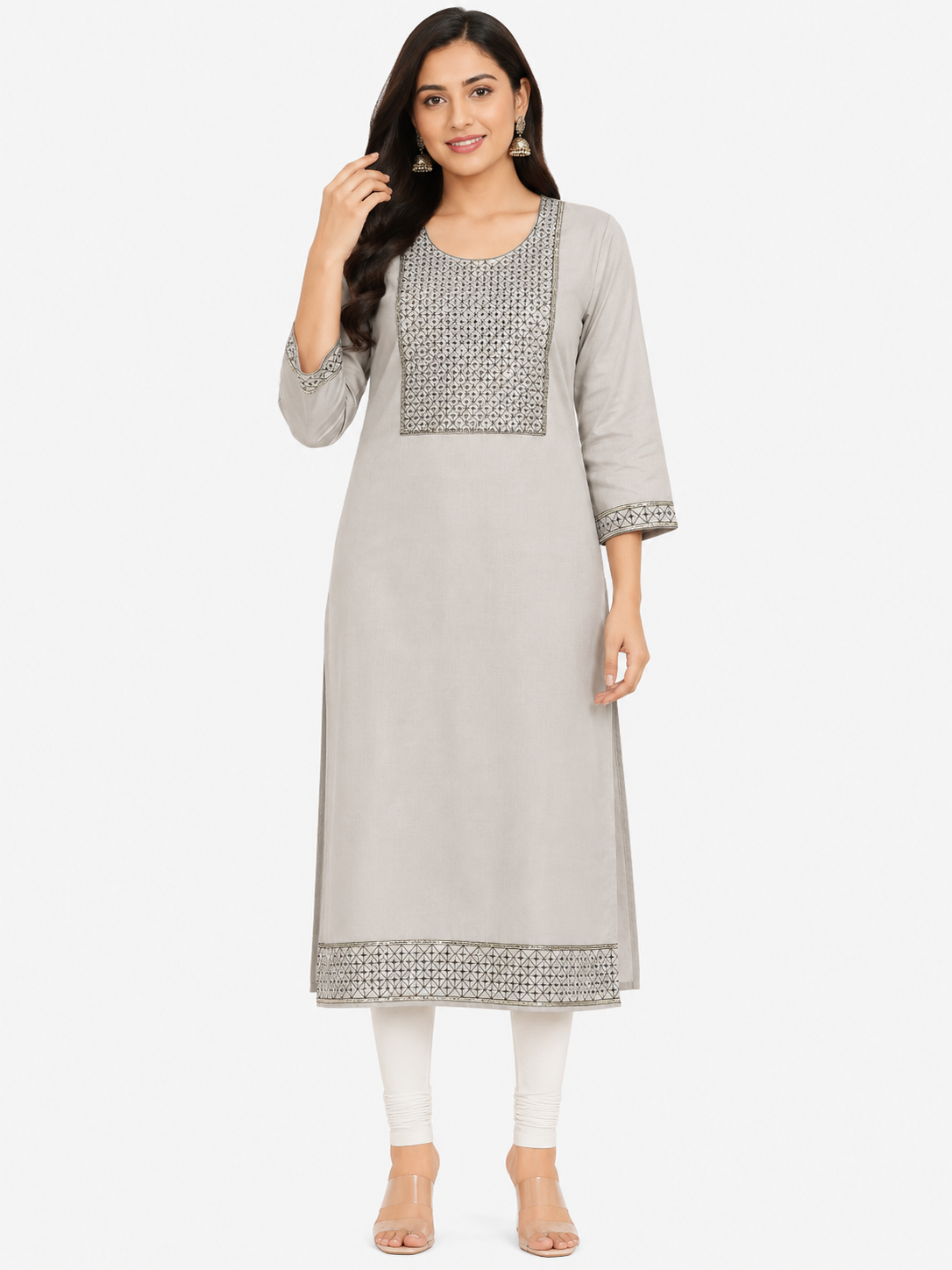 Women's Light Grey Embroidered Party Wear Kurti Top with Matching Lining