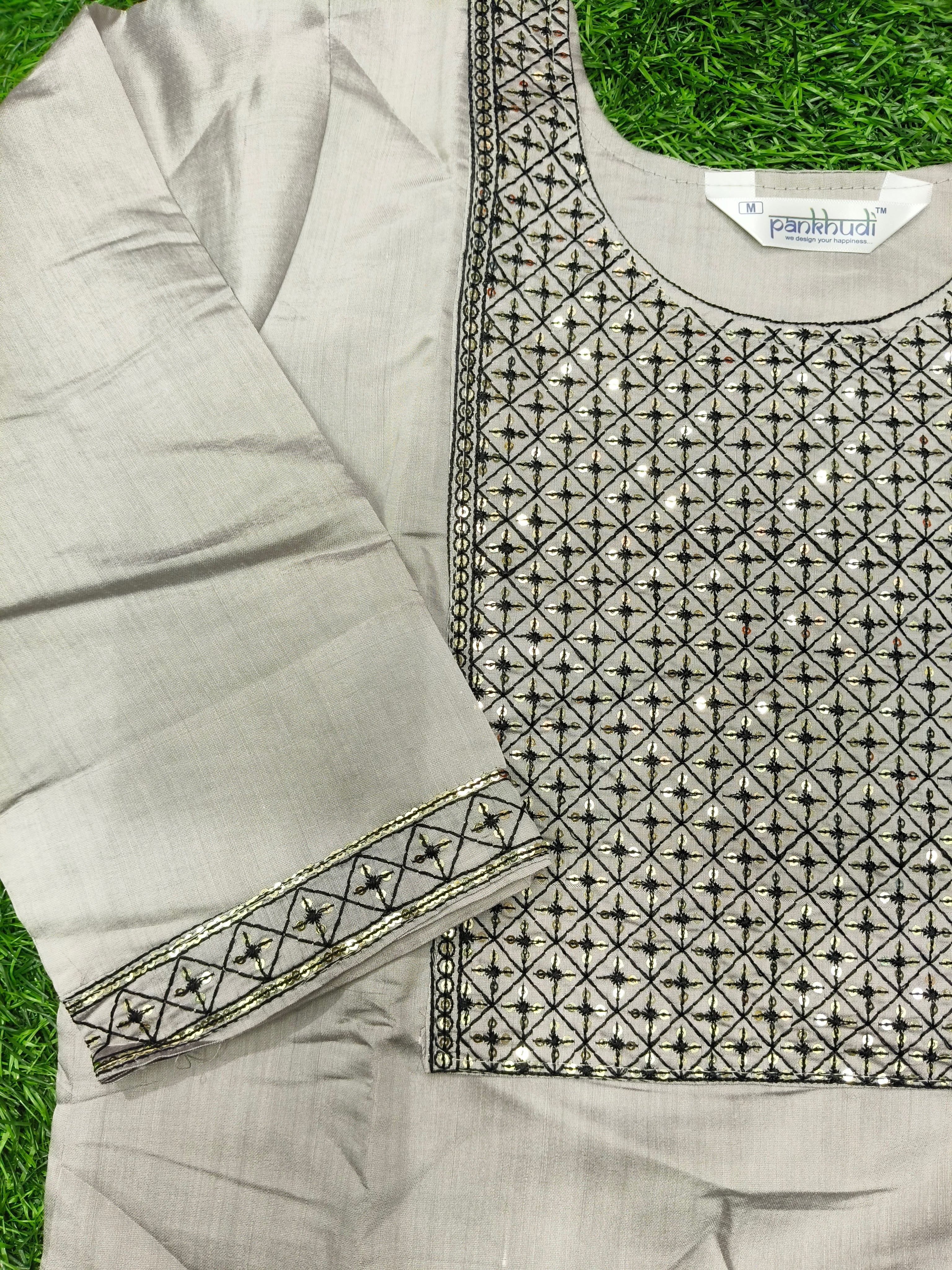 Women's Light Grey Embroidered Party Wear Kurti Top with Matching Lining