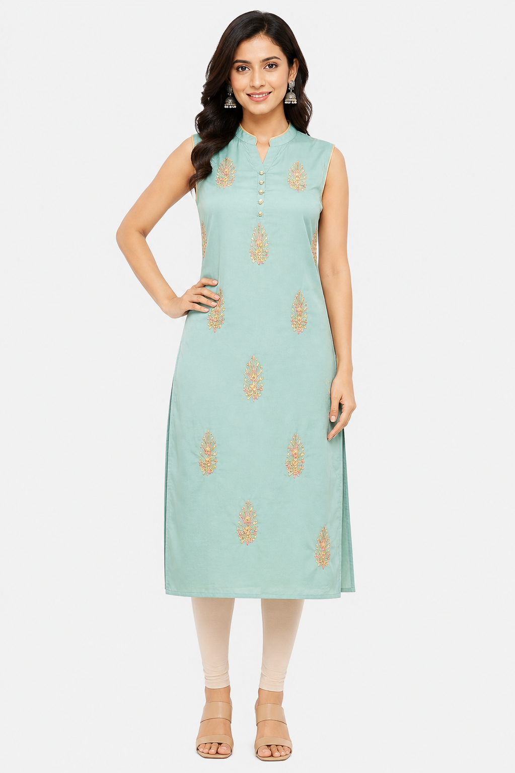 Women's Sea Green Embroidered Party Wear Kurti Top with Matching Lining