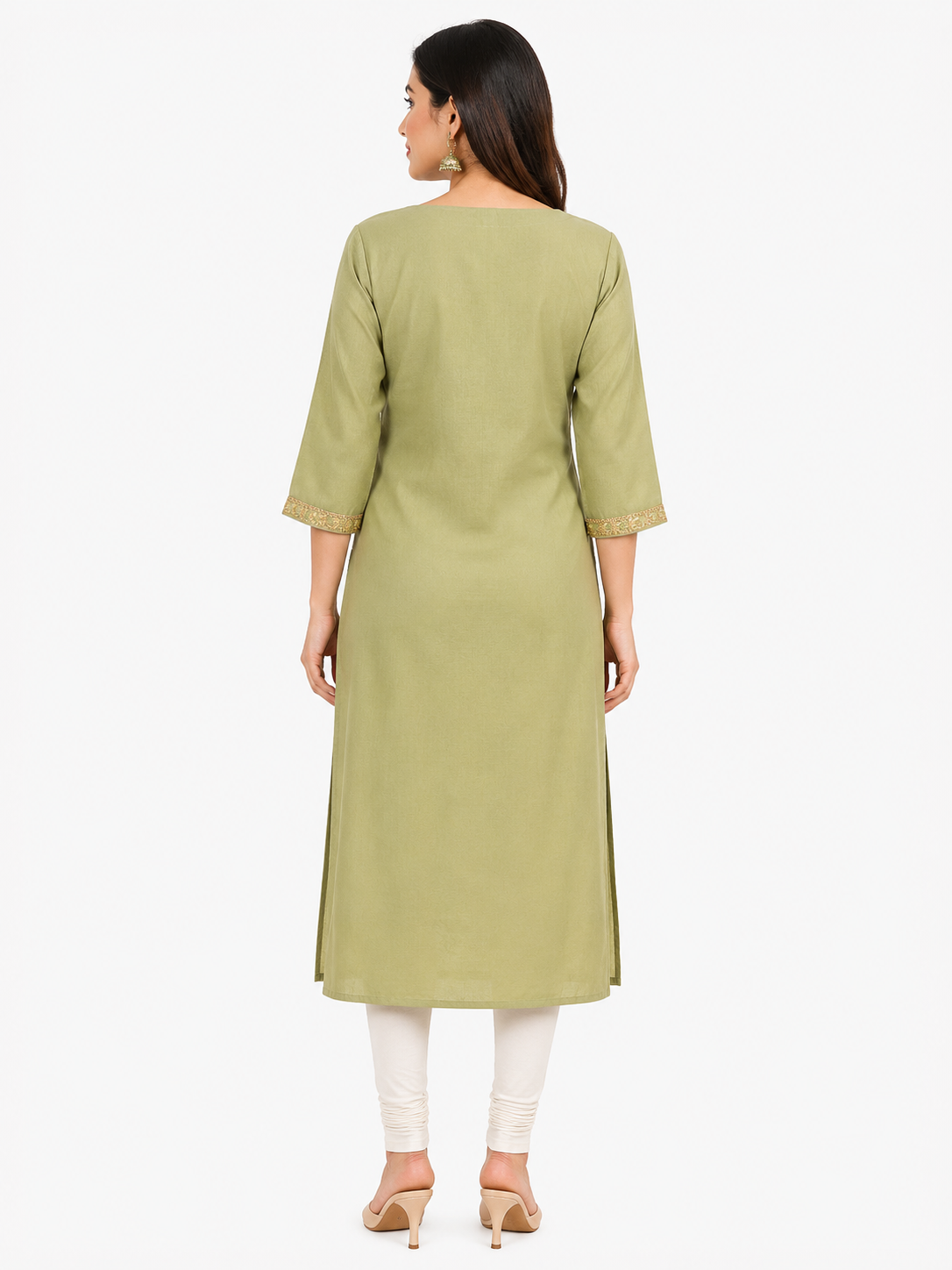 Women's Olive Green Straight-Cut Embroidered Kurti Top with Matching Lining