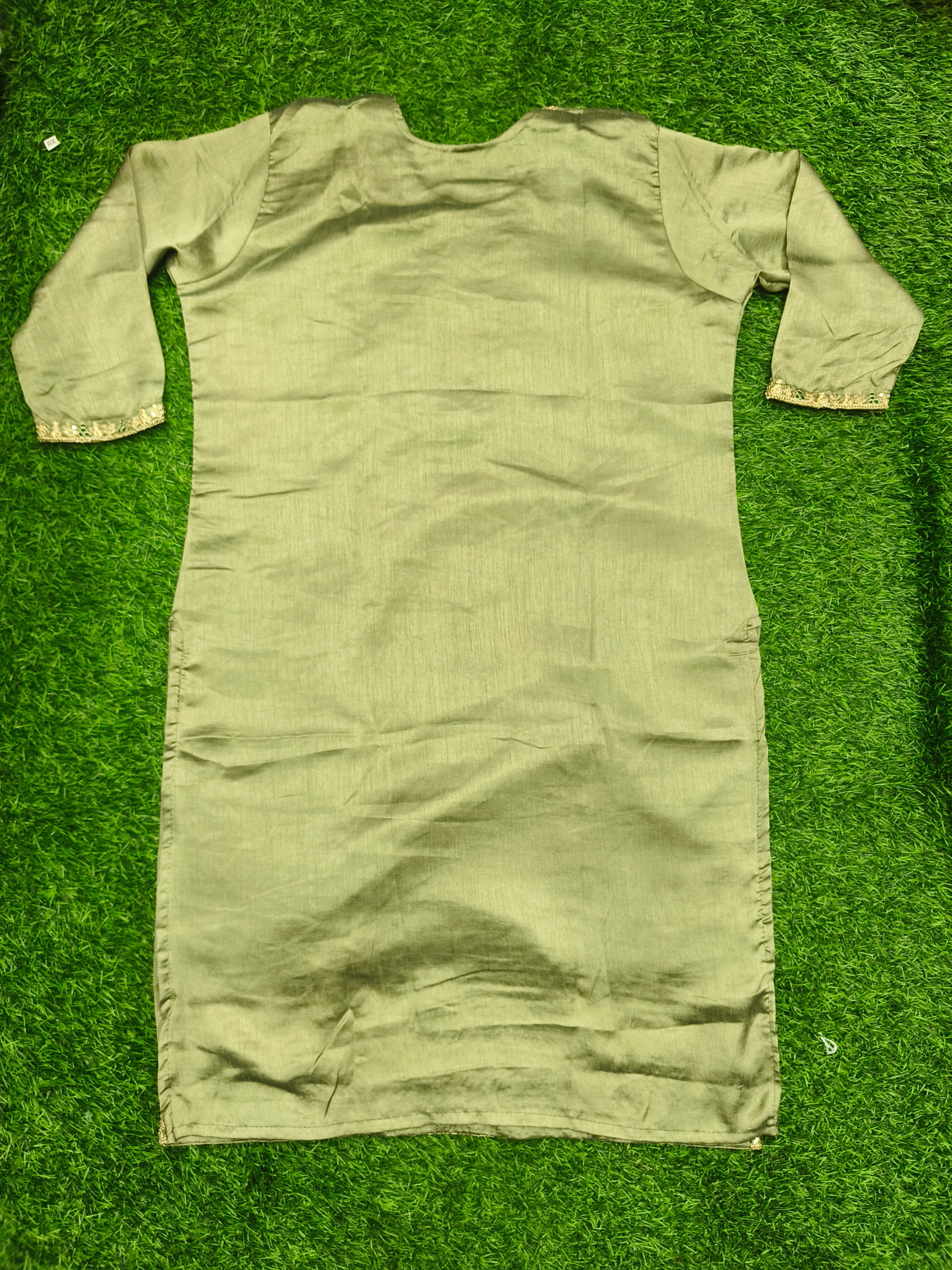 Women's Olive Green Straight-Cut Embroidered Kurti Top with Matching Lining