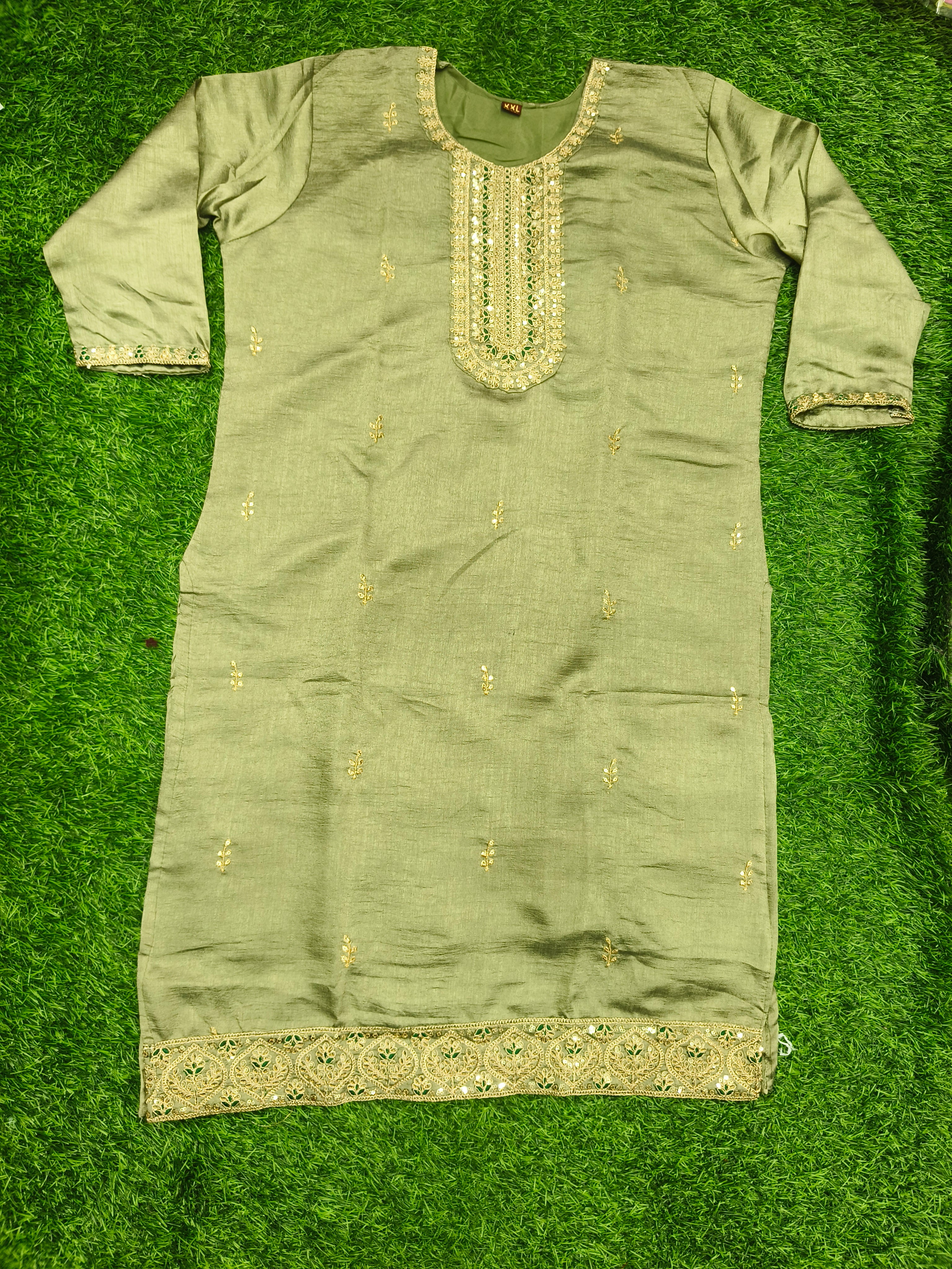 Women's Olive Green Straight-Cut Embroidered Kurti Top with Matching Lining