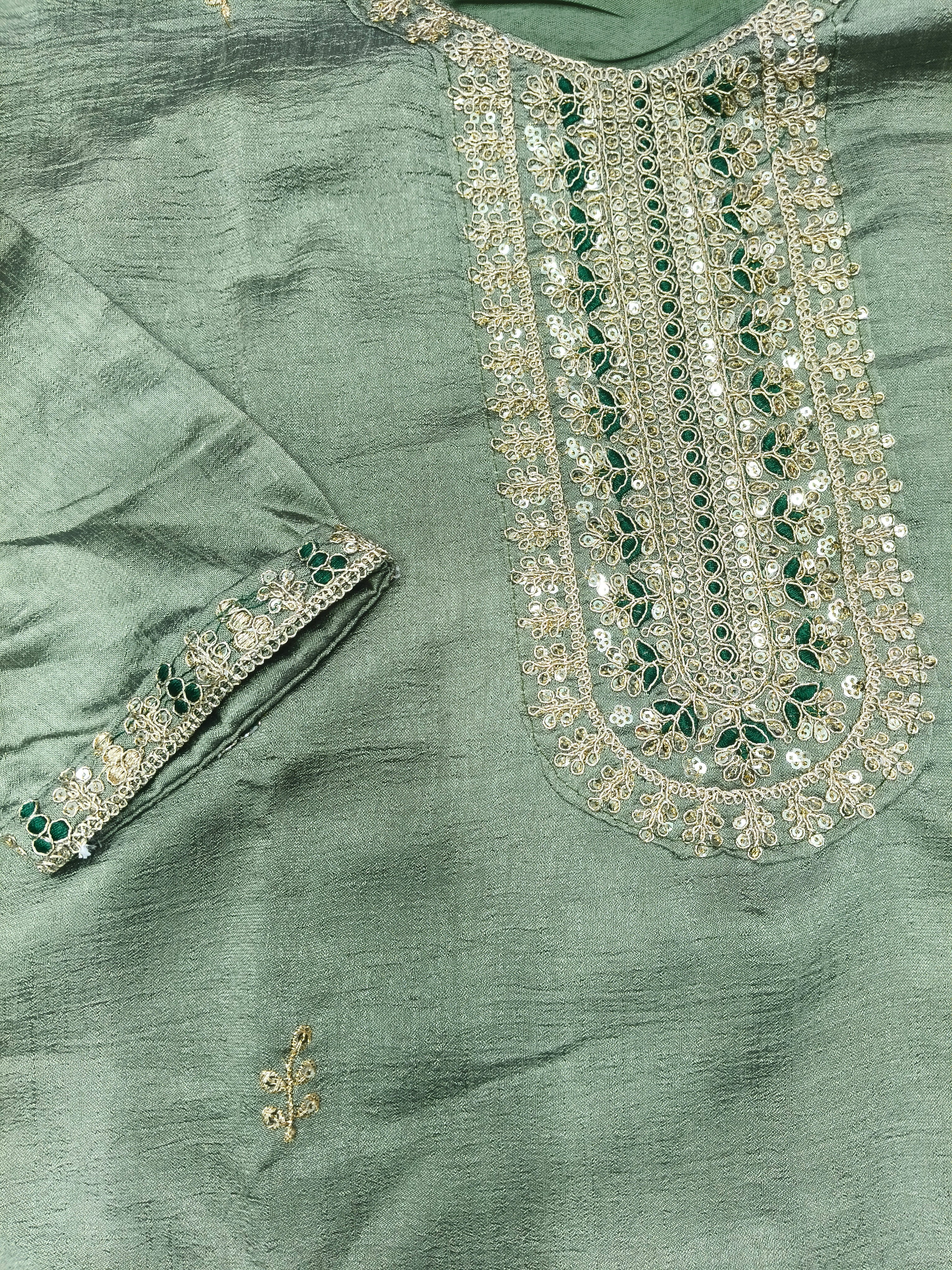 Women's Olive Green Straight-Cut Embroidered Kurti Top with Matching Lining
