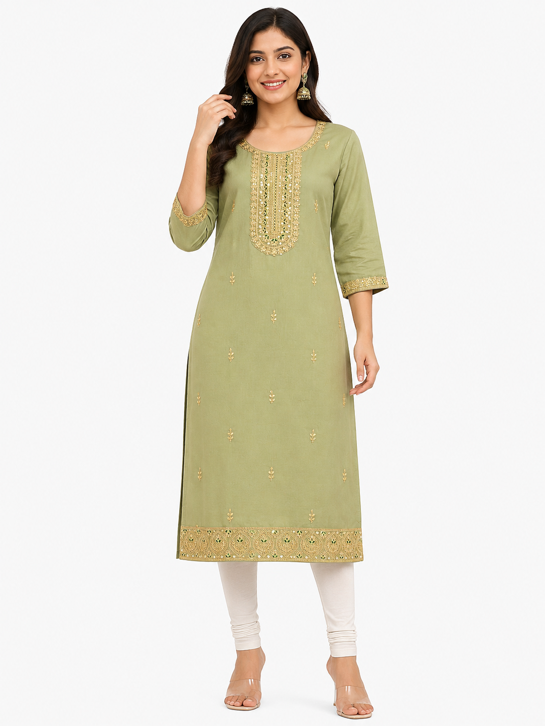 Women's Olive Green Straight-Cut Embroidered Kurti Top with Matching Lining