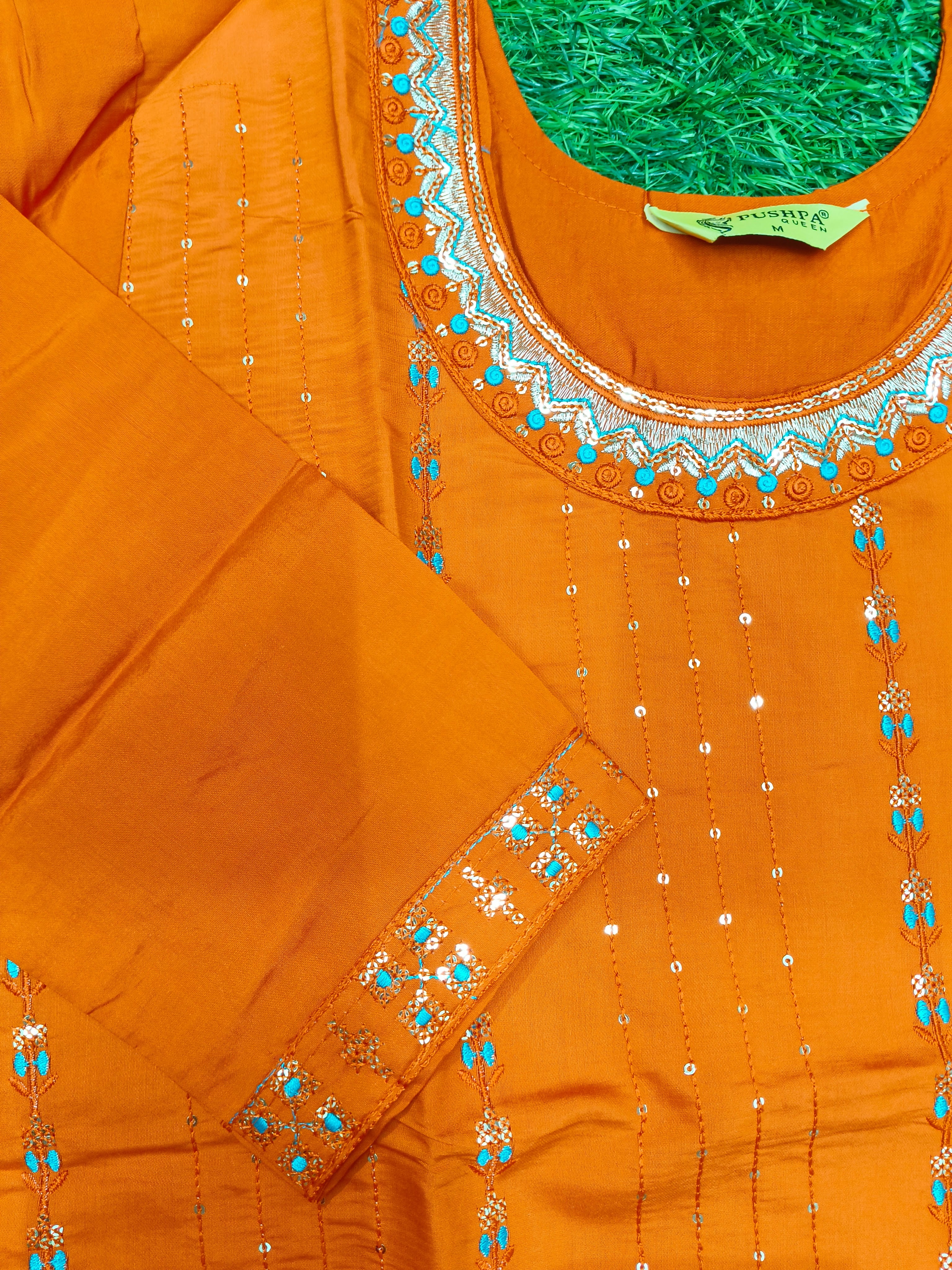 Women's Elegant Orange Embroidered Party Wear Kurti Top