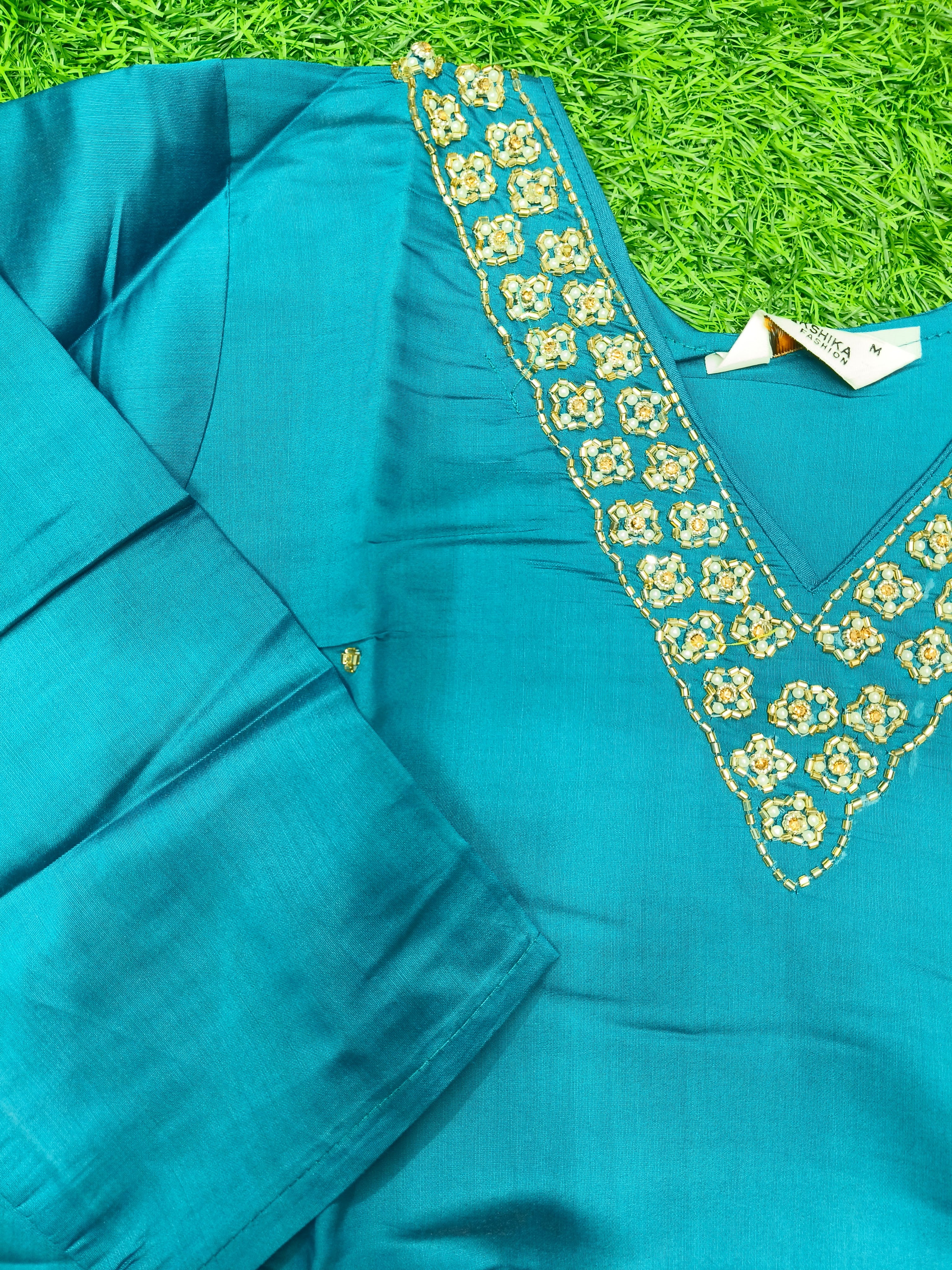 Women's Dark Blue-Green Party Wear V-Neck Handwork Kurti