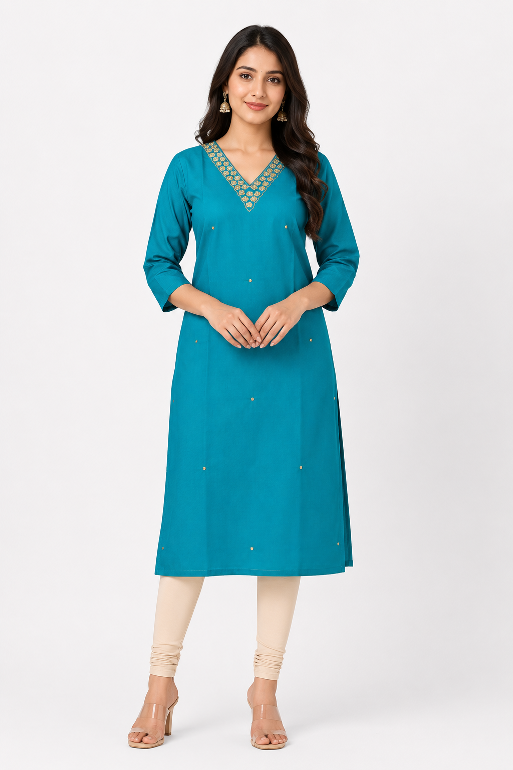 Women's Dark Blue-Green Party Wear V-Neck Handwork Kurti