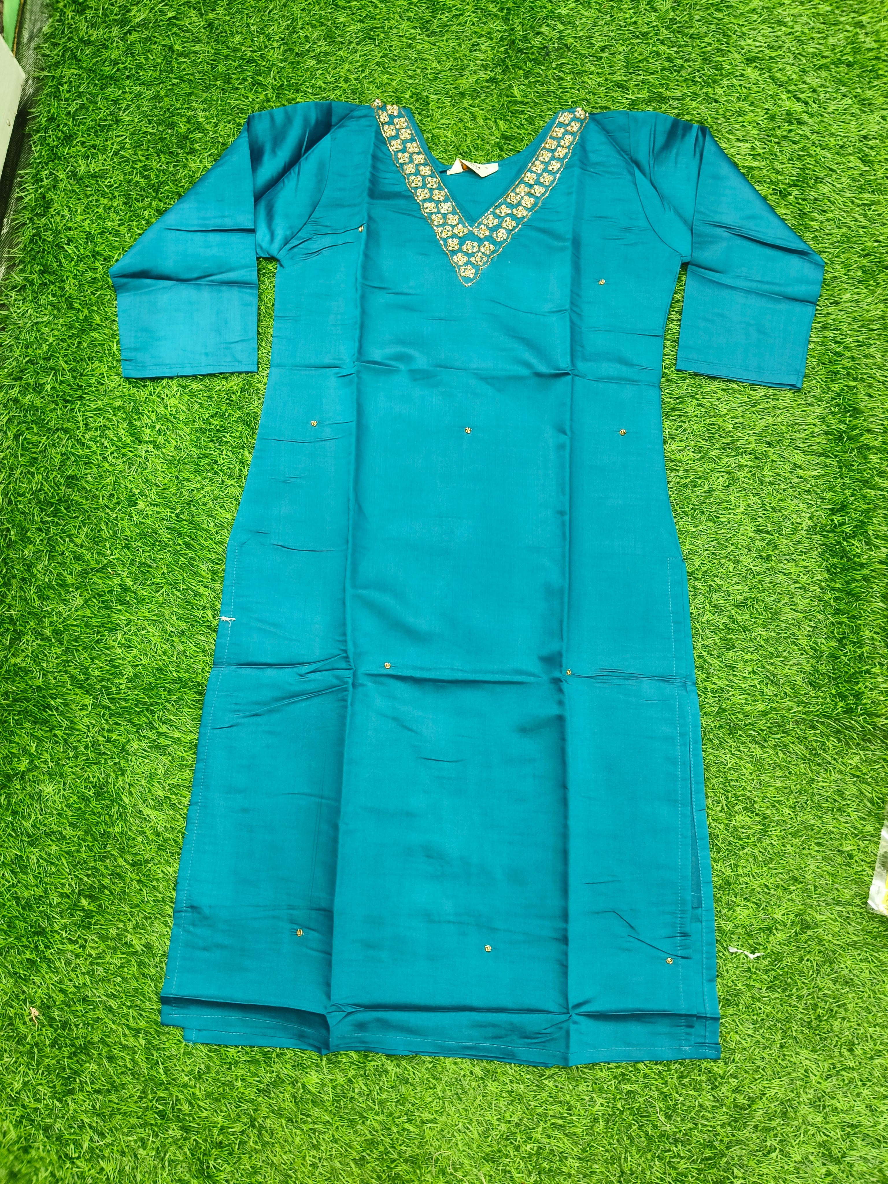 Women's Dark Blue-Green Party Wear V-Neck Handwork Kurti