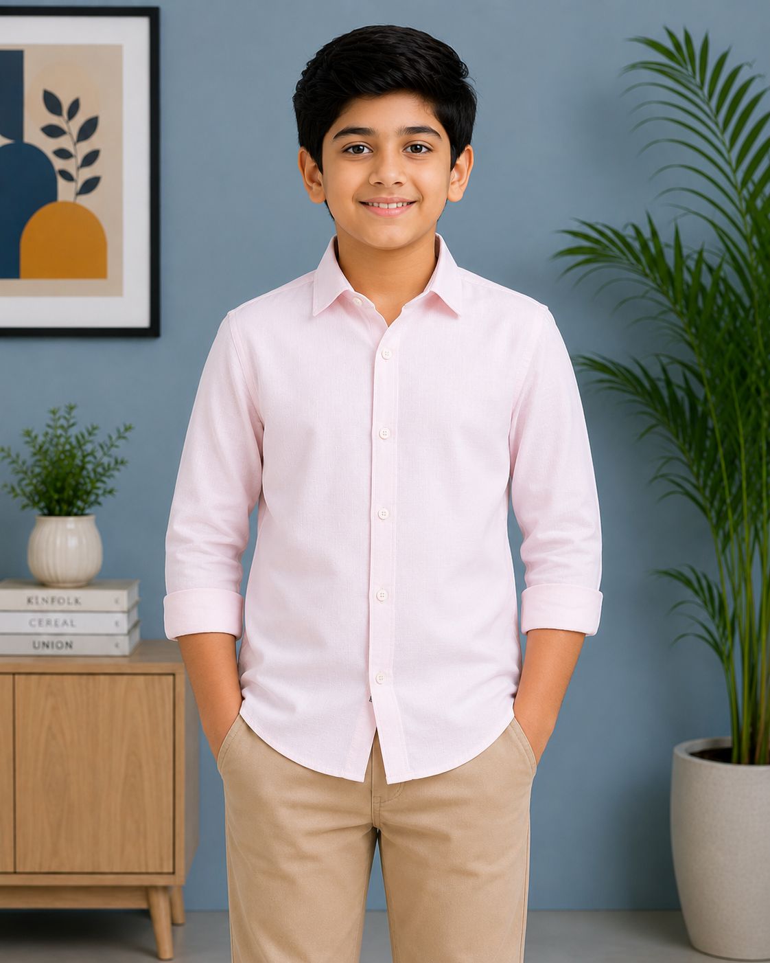 Boys Light Pink Self Textured Casual Cotton Shirt | Full Sleeves | Regular Fit