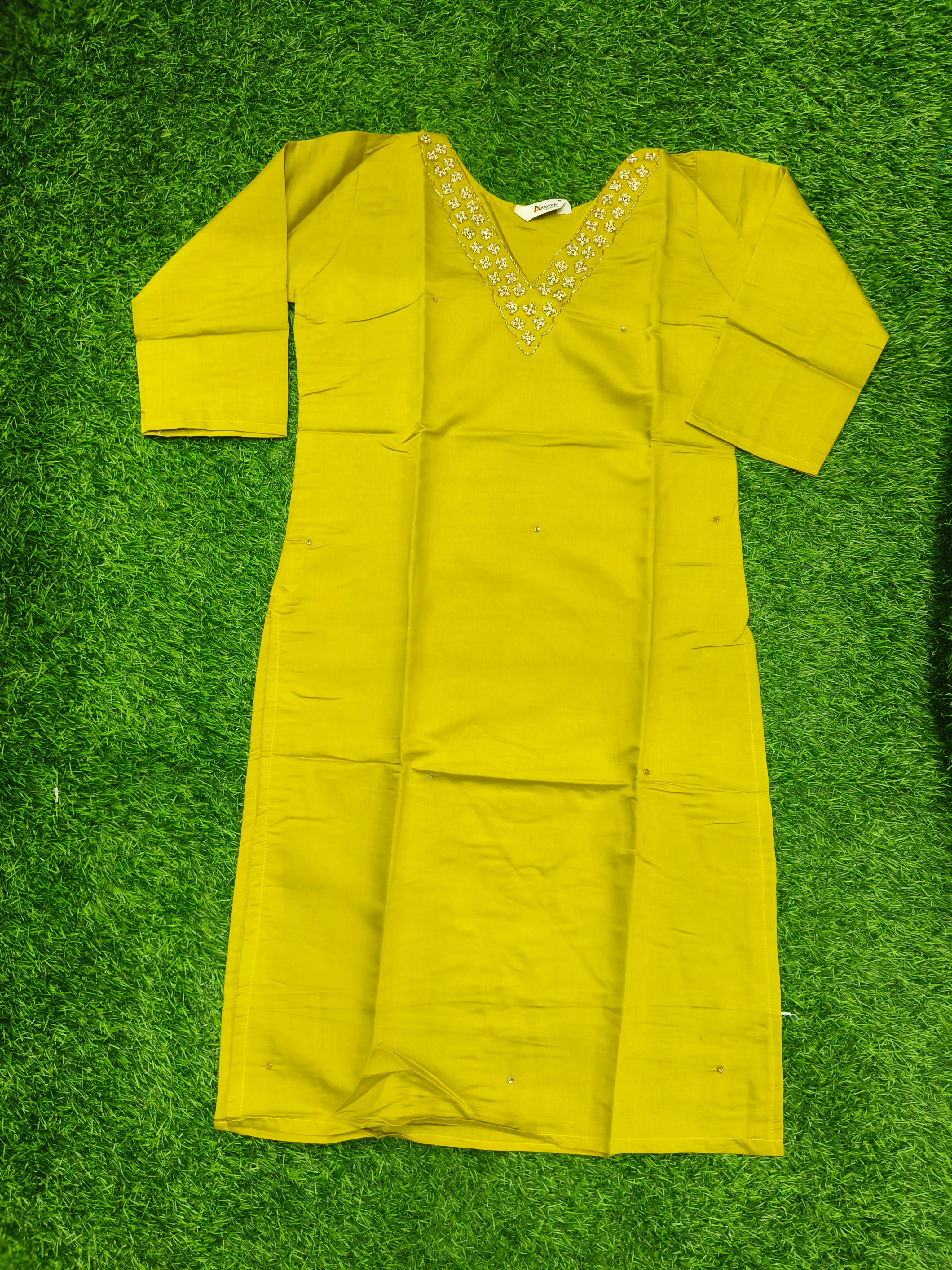 Women's Dark Lime Green Handwork Kurti with V-Neck