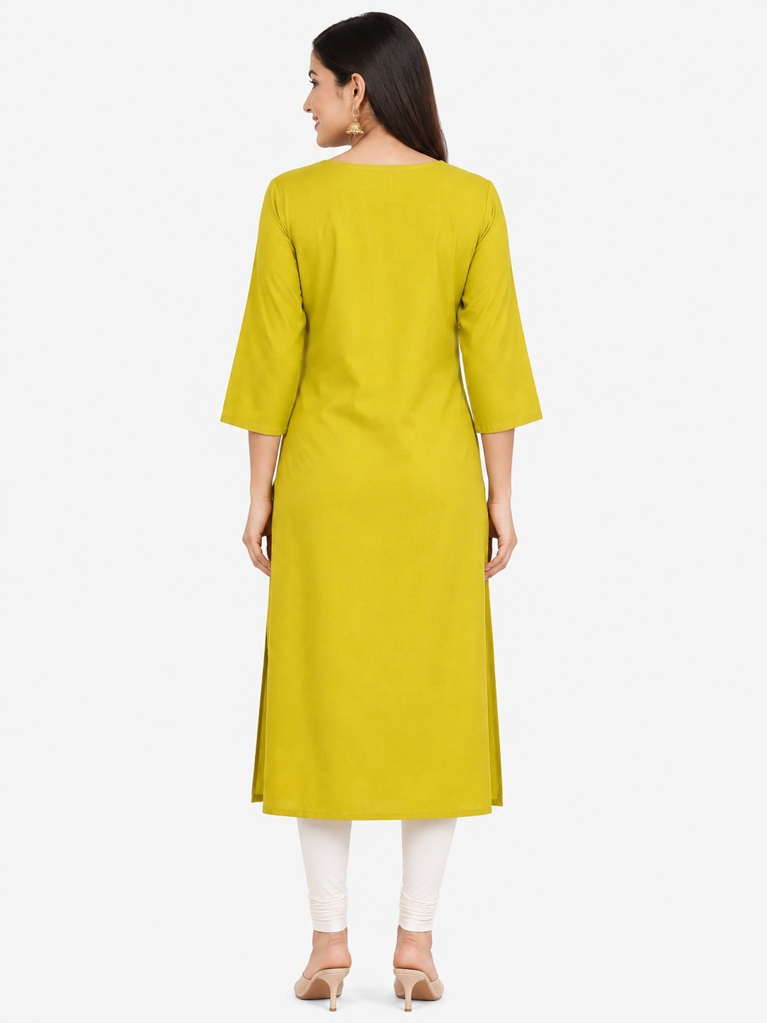 Women's Lime Green Party Wear Kurti with Round Neck and Multicolor embroidery work