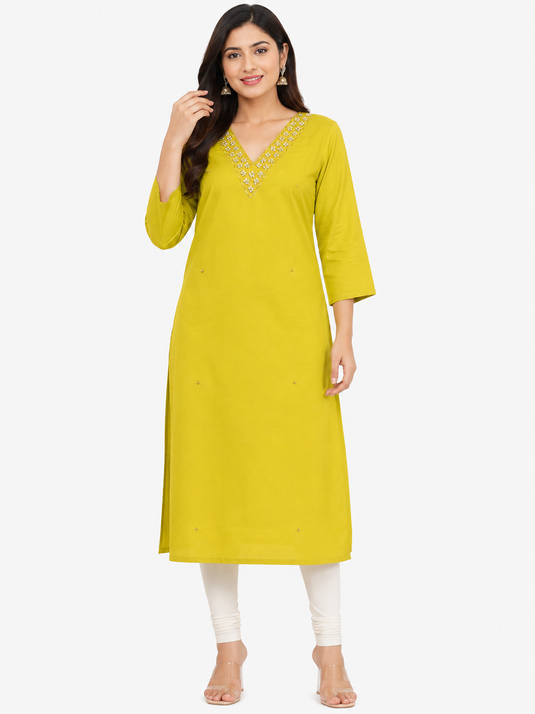 Women's Lime Green Party Wear Kurti with Round Neck and Multicolor embroidery work