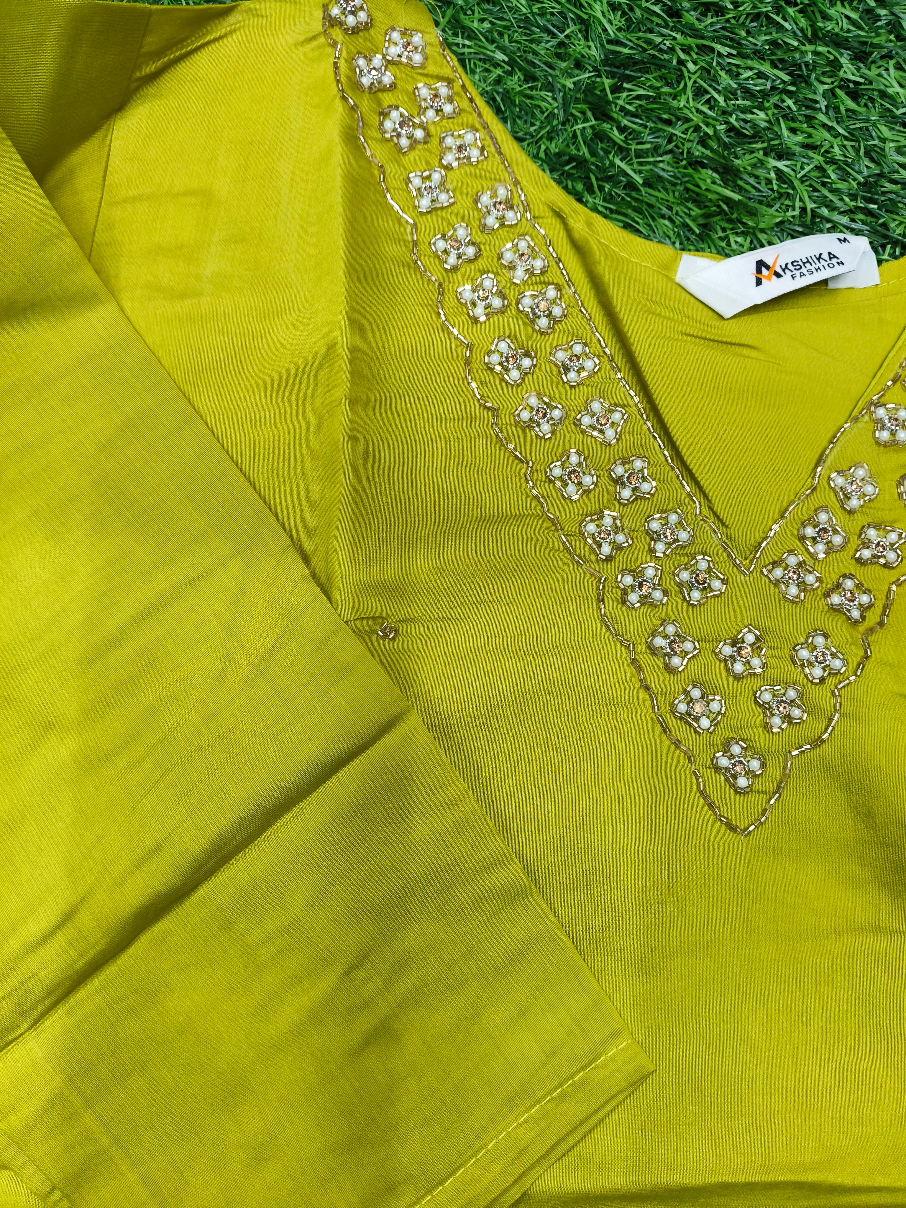Women's Lime Green Party Wear Kurti with Round Neck and Multicolor embroidery work