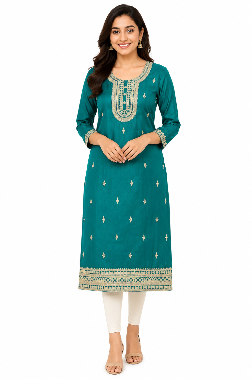 Women's Dark Blue-Green Party Wear Kurti with Silver Threadwork Around the Neckline