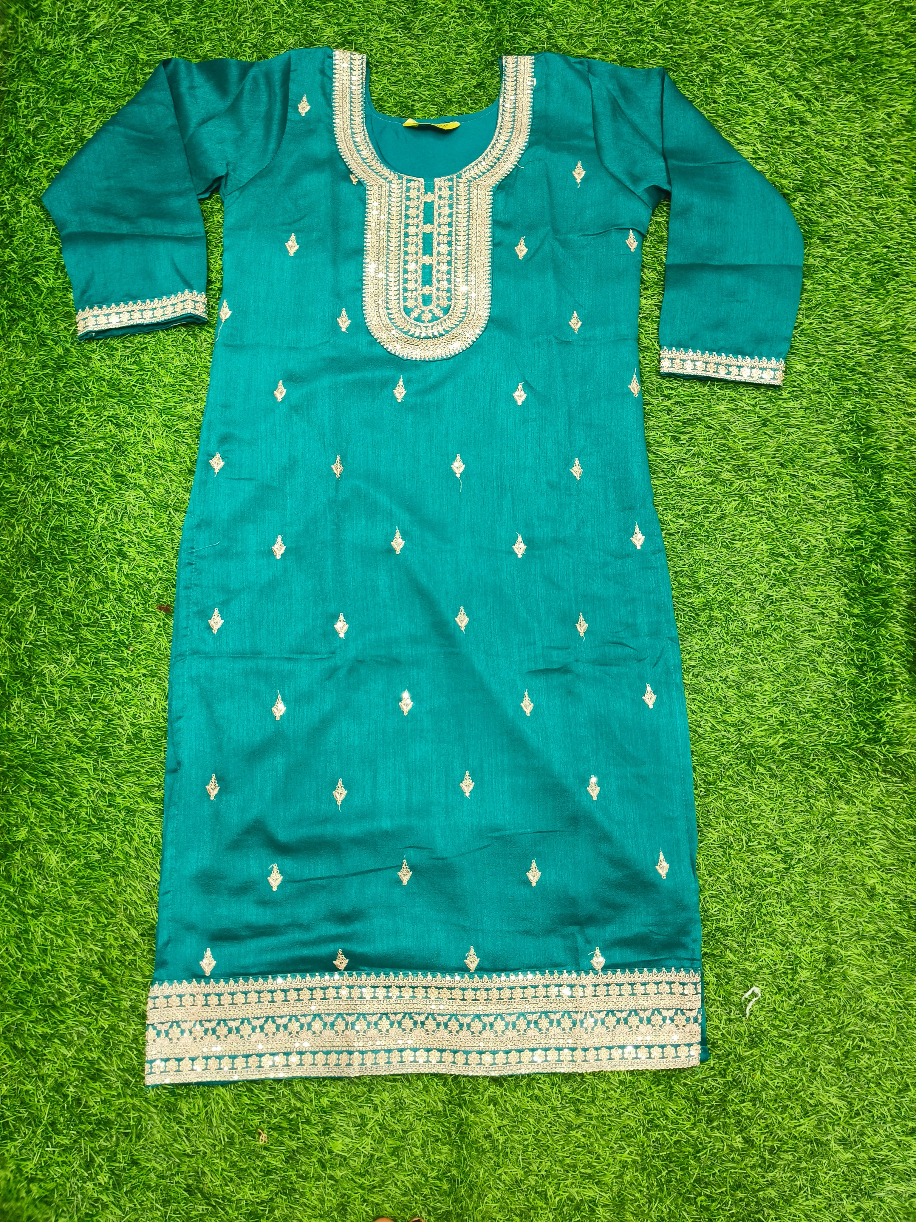 Women's Dark Blue-Green Party Wear Kurti with Silver Threadwork Around the Neckline