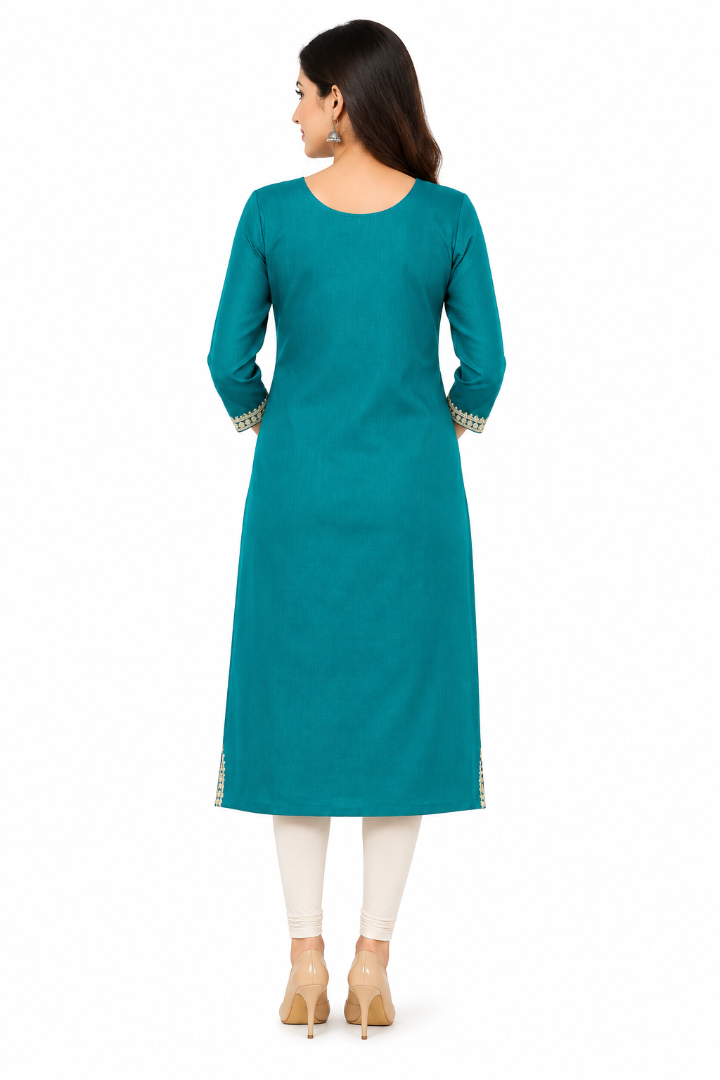 Women's Dark Blue-Green Party Wear Kurti with Silver Threadwork Around the Neckline