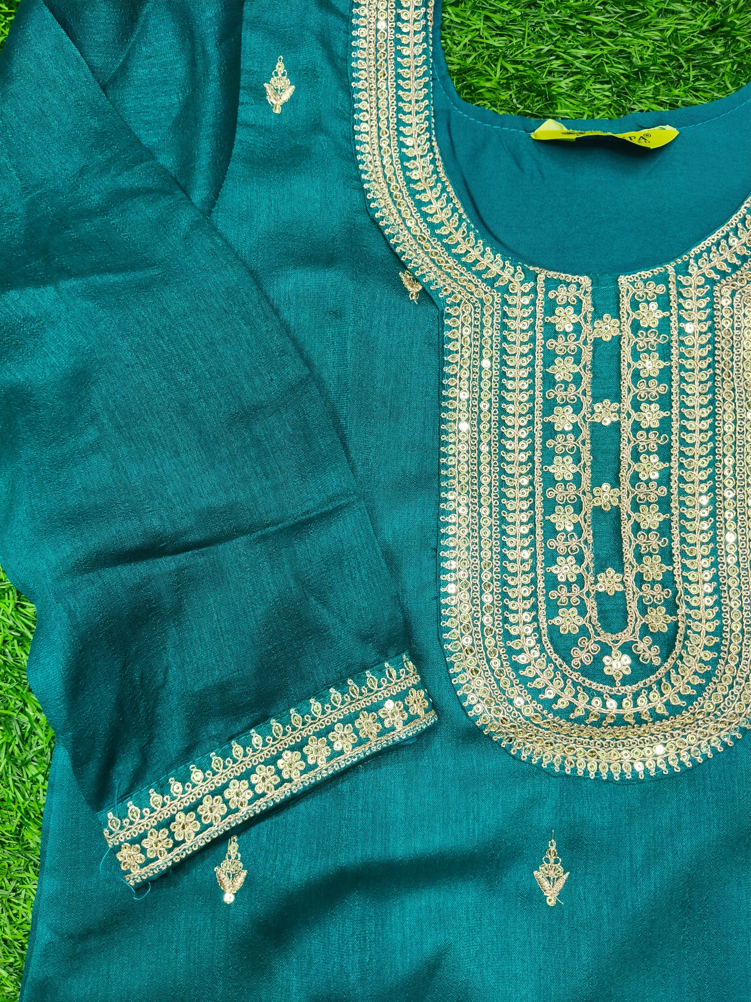 Women's Dark Blue-Green Party Wear Kurti with Silver Threadwork Around the Neckline