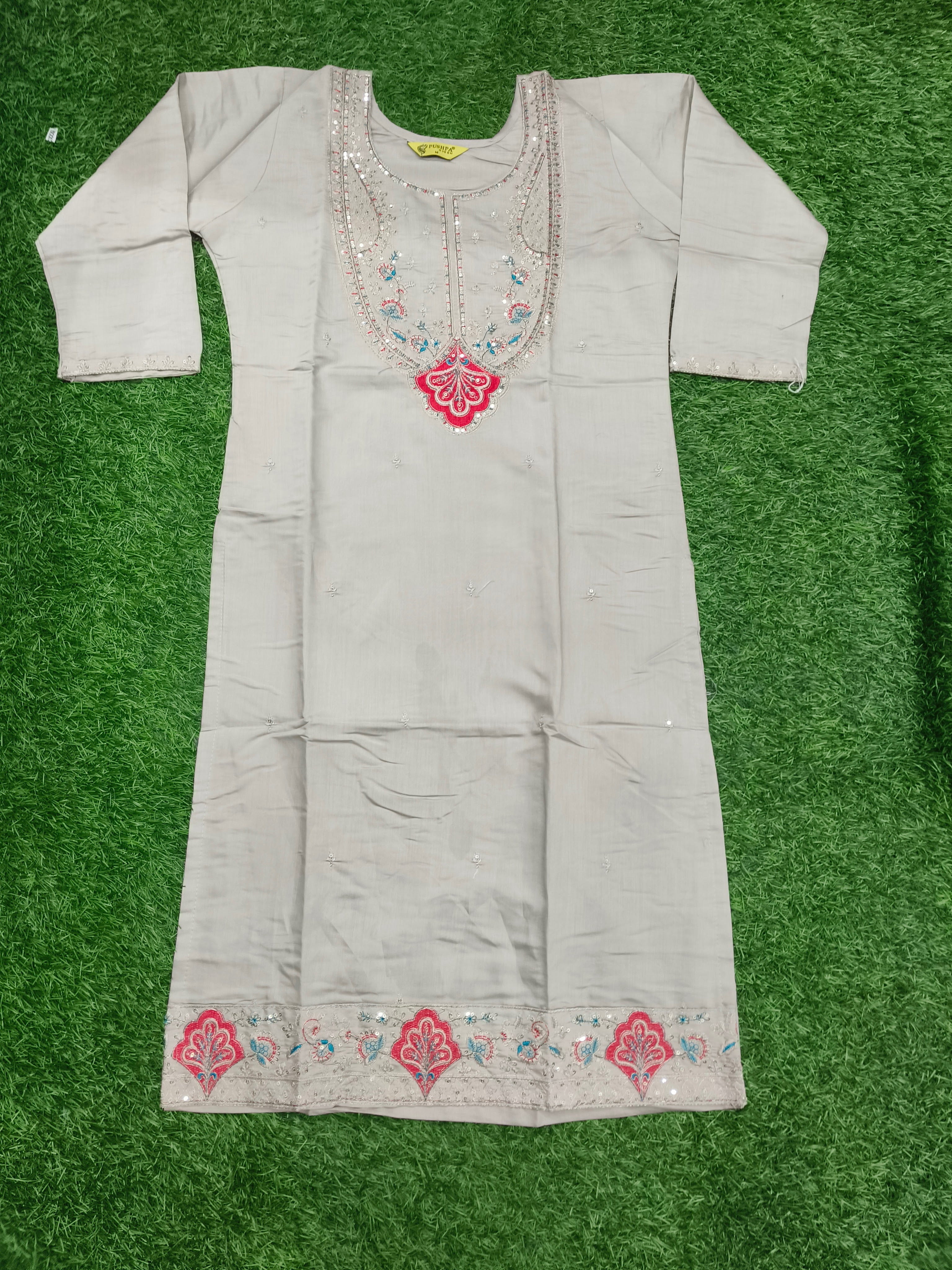 Women's Grey Party Wear Kurti with Floral Threadwork and Silver Sequins